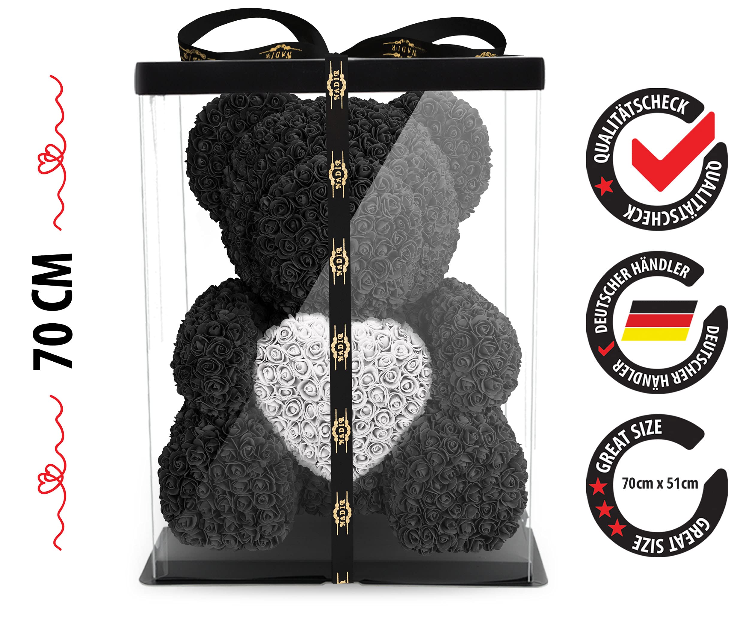 NADIR Black Rose Bear with Heart - 70cm Luxury Floral Teddy Bear in Gift Box for Valentine's Day, Mother's Day, Birthday & Anniversary - Romantic Home Decor & Special Occasion Gift