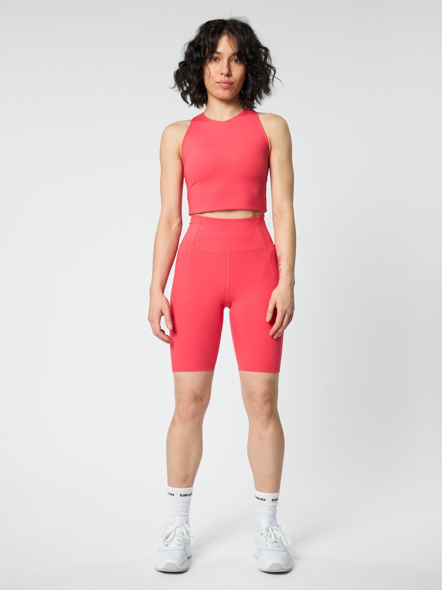 Girlfriend Collective High Rise Compressive Bike Shorts for Women - Geranium - Perfect for Cycling, Workouts & Active Lifestyle