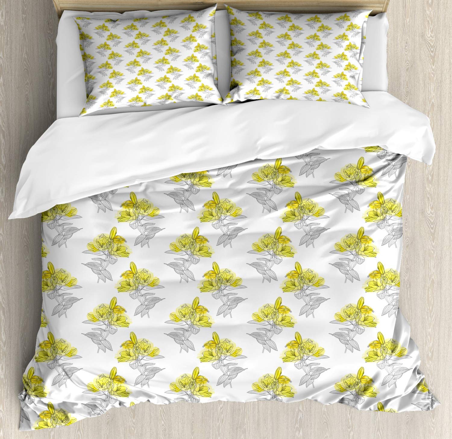 Ambesonne Floral Duvet Cover Set - King Size 3-Piece Bedding with Lily Flower Design in Yellow & Grey | Soft & Breathable for Summer | Perfect for Master Bedroom, Guest Room, or Vacation Home Decor