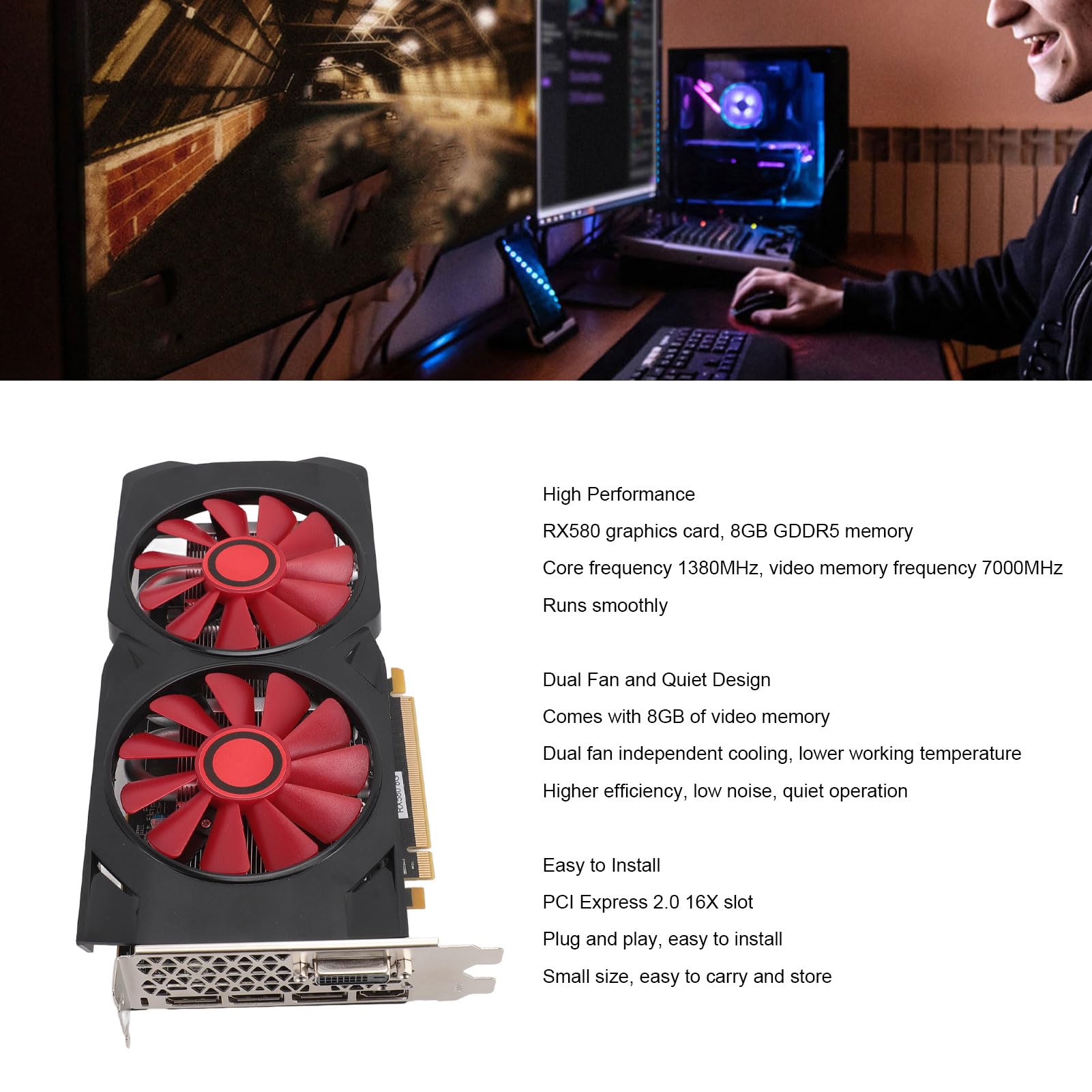 Tosuny RX580 8GB GDDR5 256-bit Gaming Graphics Card - 1380/7000MHz PCIe 2.0, Dual Cooling Fans, DirectX 11 Support - Perfect for PC Gaming, Video Editing & Office Workstations