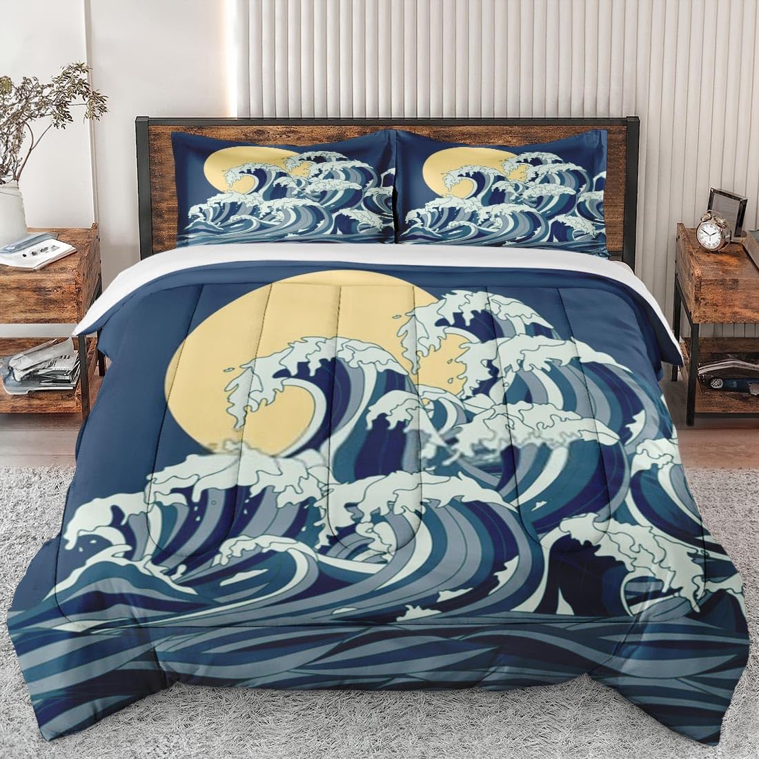 Japanese Ocean Themed King Size Comforter Set - Soft Asian Bedding for Kids & Adults with 2 Pillowcases | Moon & Sun Blue Bedroom Decor for Cozy Sleep & Stylish Home
