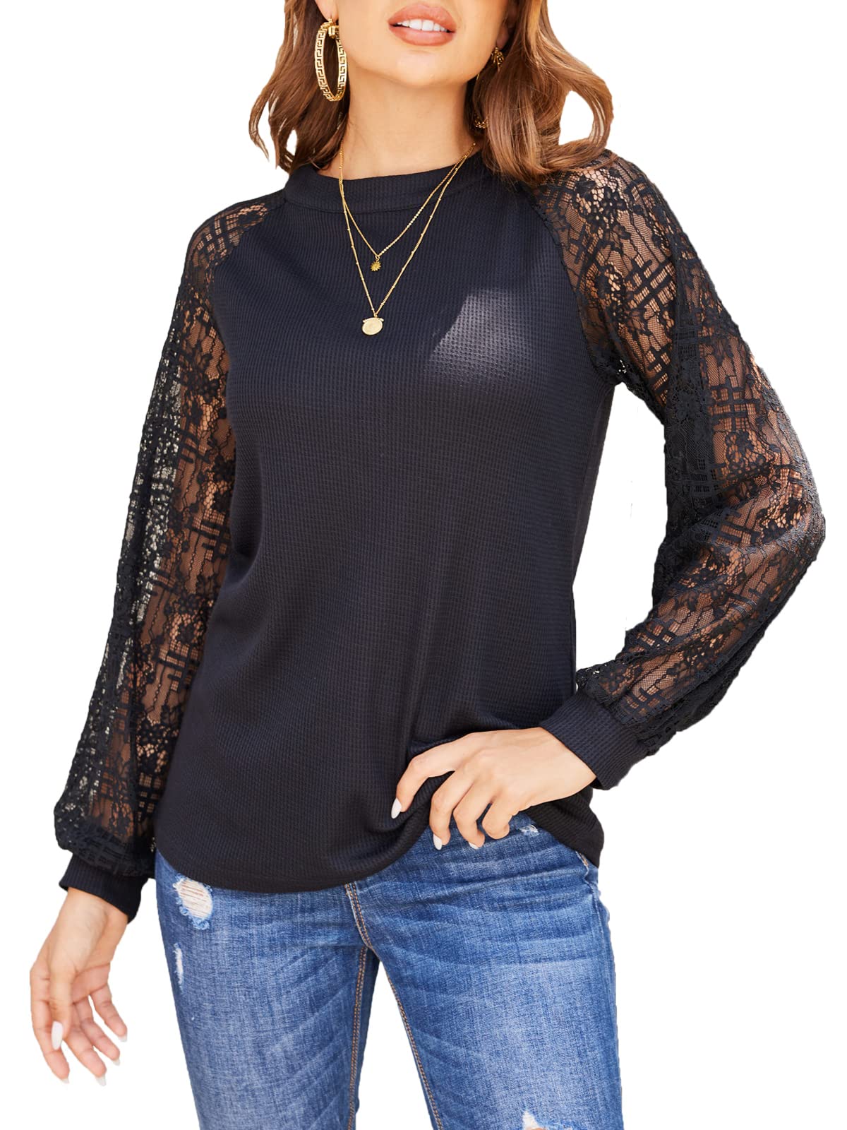 Women's Lace Long Sleeve T-Shirt - Elegant Fall Blouse for Casual Wear, Loose Fit Comfortable Top | Perfect for Office, Date Night & Autumn Outfits