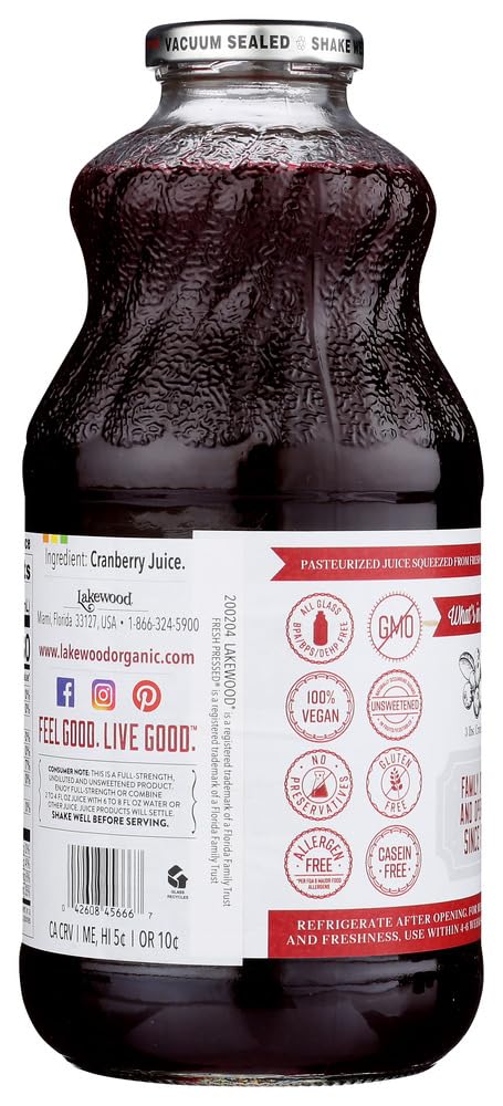 Pure Cranberry Juice by Lakewood - 36 Pack of 32oz Bottles | Unsweetened, No Sugar Added | Great for Cocktails, Smoothies & Detox Drinks