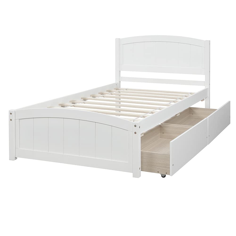 Twin Size Platform Bed Frame with 2 Drawers, Wooden Headboard & Footboard - Space Saving Design, White | Perfect for Small Bedrooms, Kids Rooms & Studio Apartments