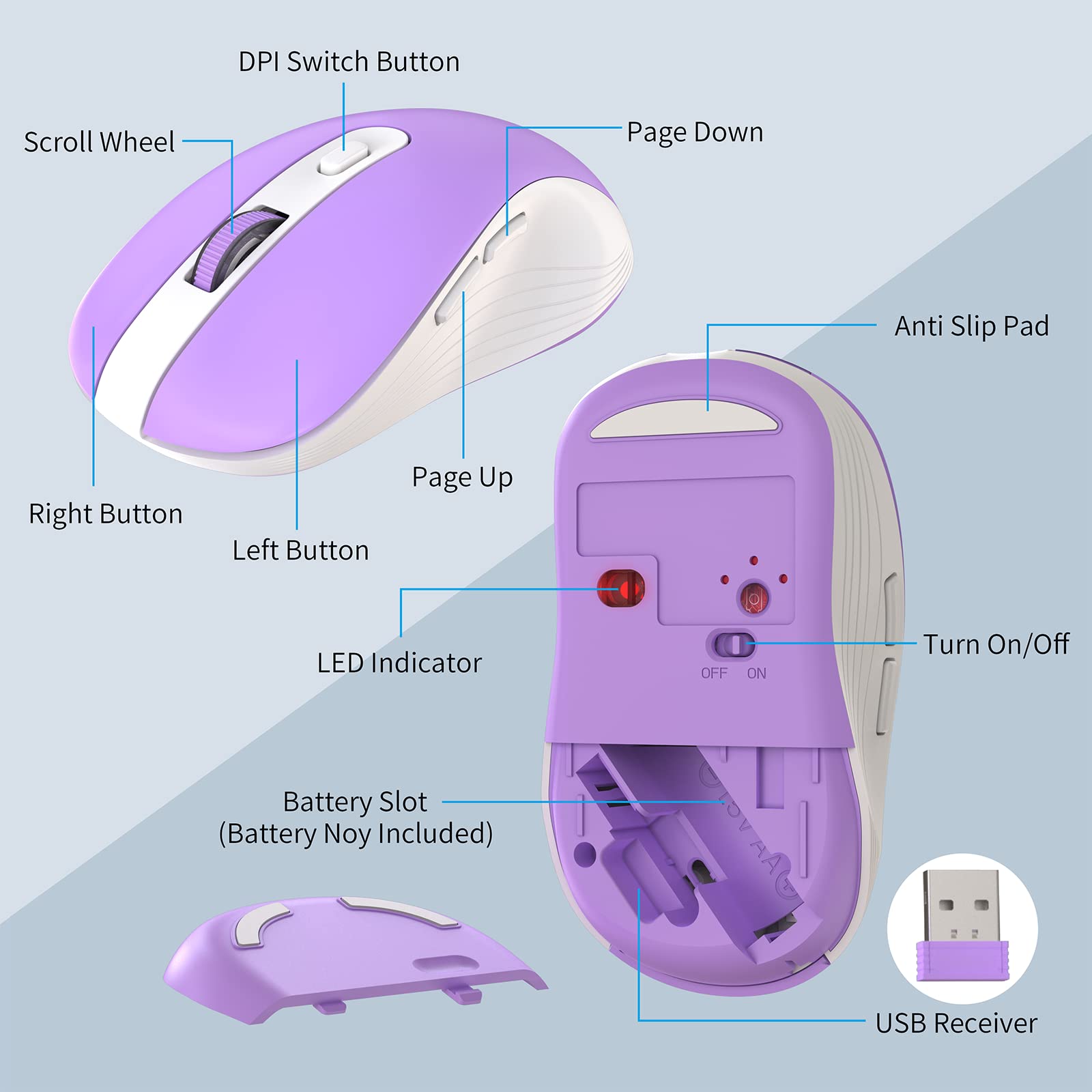 MARVO 2.4G Wireless Keyboard and Mouse Combo - Ergonomic Design with Silent 6-Button Mouse & Phone/Tablet Holder - Compatible with MacBook & Windows (Purple) - Perfect for Home Office, Gaming & Remote Work