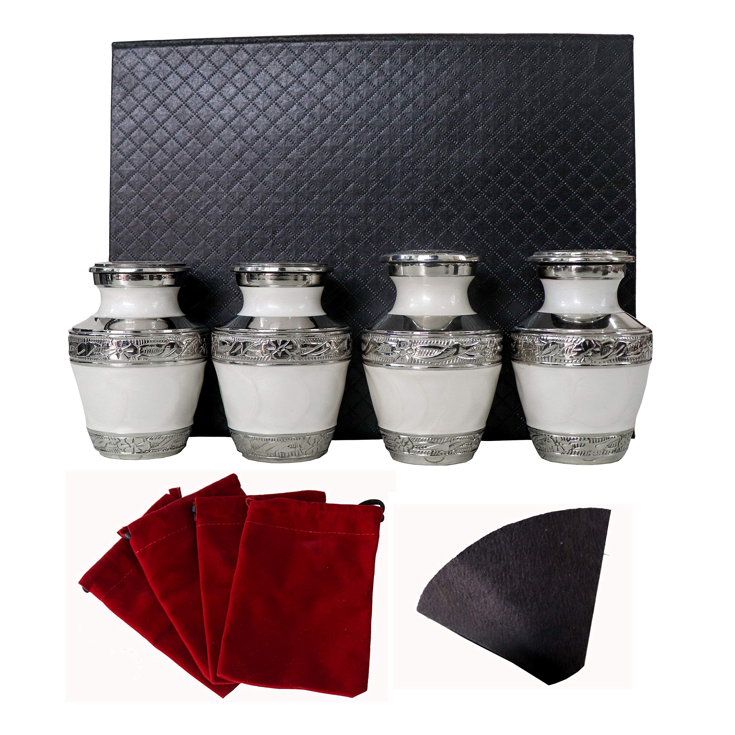 Premium White Memorial Urn & Keepsake Set of 4 - Includes Velvet Bags, Funnel & Elegant Gift Box | Perfect for Ashes Storage, Funeral Services & Memorial Keepsakes