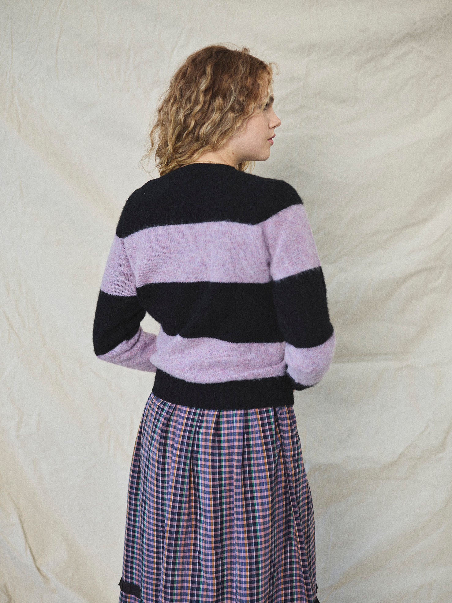 Lowie Black and Lilac Striped Scottish Wool Jumper - Cozy Knit Sweater for Women, Perfect for Winter Fashion and Casual Outfits