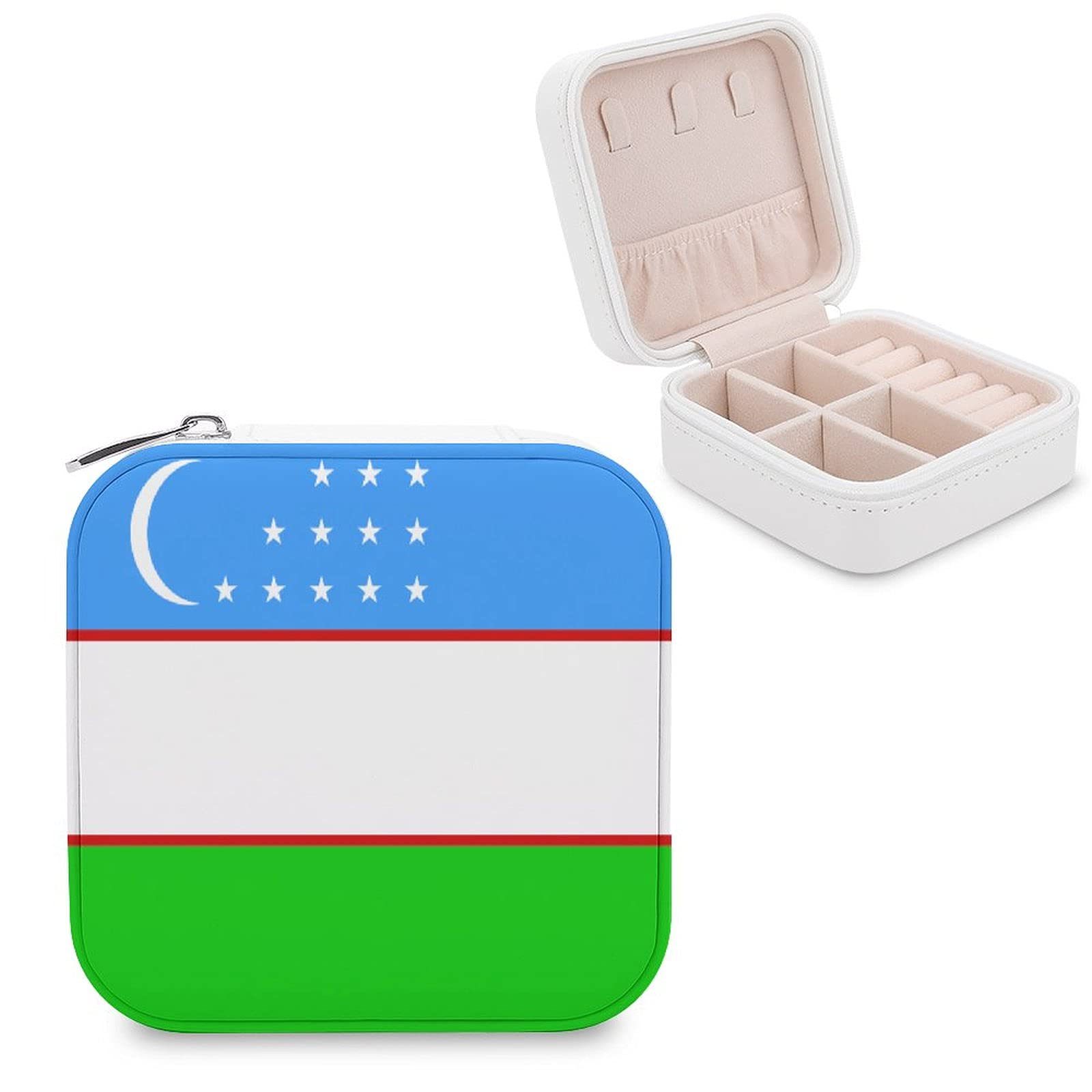 Uzbekistan Flag Jewelry Storage Box for Women - Leather Jewelry Organizer Box with Velvet Lining | Perfect for Travel, Home Decor & Gift Giving