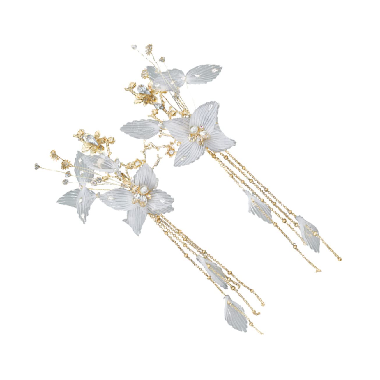 2Pcs Elegant Rhinestone Flower Hair Clips with Tassel - Chinese Style Fairy Headwear for Women & Girls - Bridal Hair Accessories (White) | Perfect for Weddings, Parties & Special Occasions