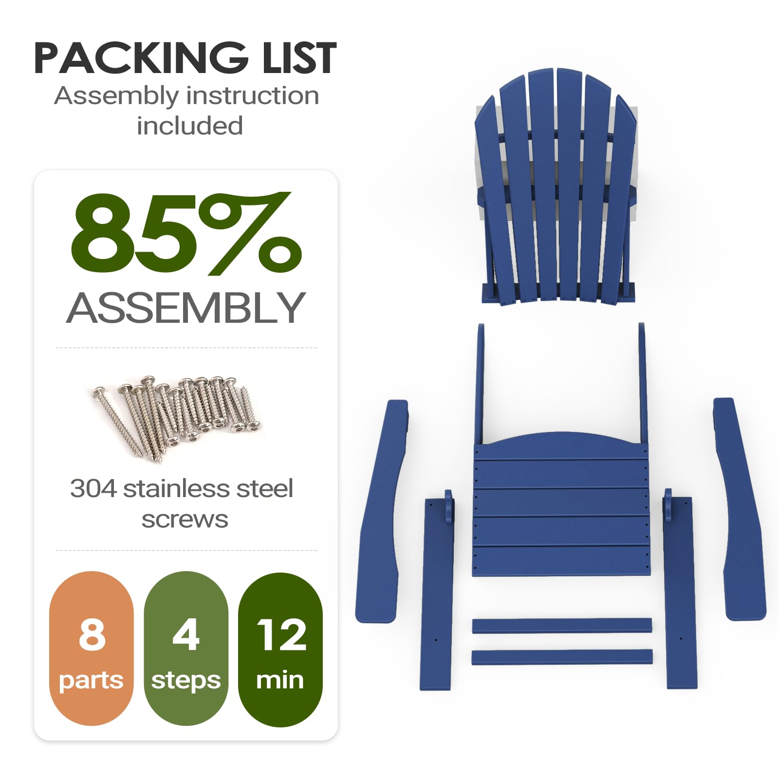 **Premium Adirondack Chair - Heavy Duty Weather-Resistant Outdoor Lounge Chair for Patio, Garden, Deck, Poolside - Easy 4-Step Assembly - Navy Blue - Perfect for Relaxing by Fire Pit, Backyard & Porch**