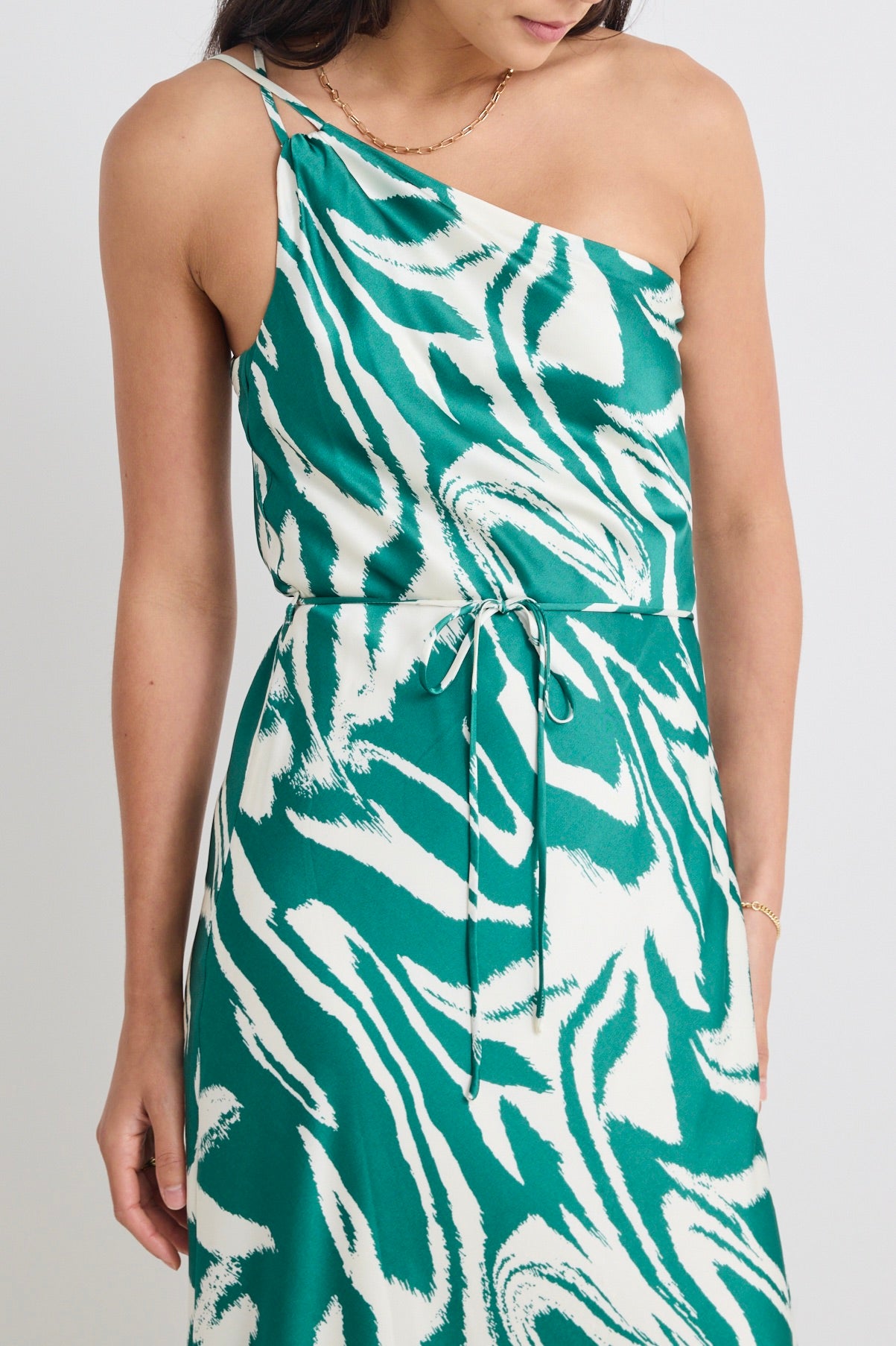 Fame Green Zebra Satin One Shoulder Bias Slip Dress - Elegant Evening Gown for Cocktail Parties & Date Nights