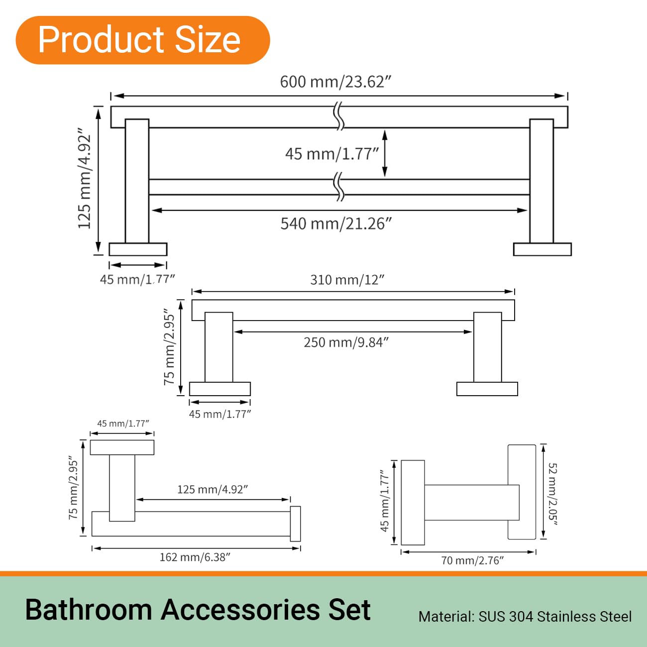 Premium Matte Black 4-Piece Bathroom Accessories Set - Stainless Steel Wall Mounted Towel Bar, Hand Towel Rack, Toilet Paper Holder & Robe Hooks (BS101S4-BK) - Modern Bathroom Organization for Homes, Hotels & Apartments
