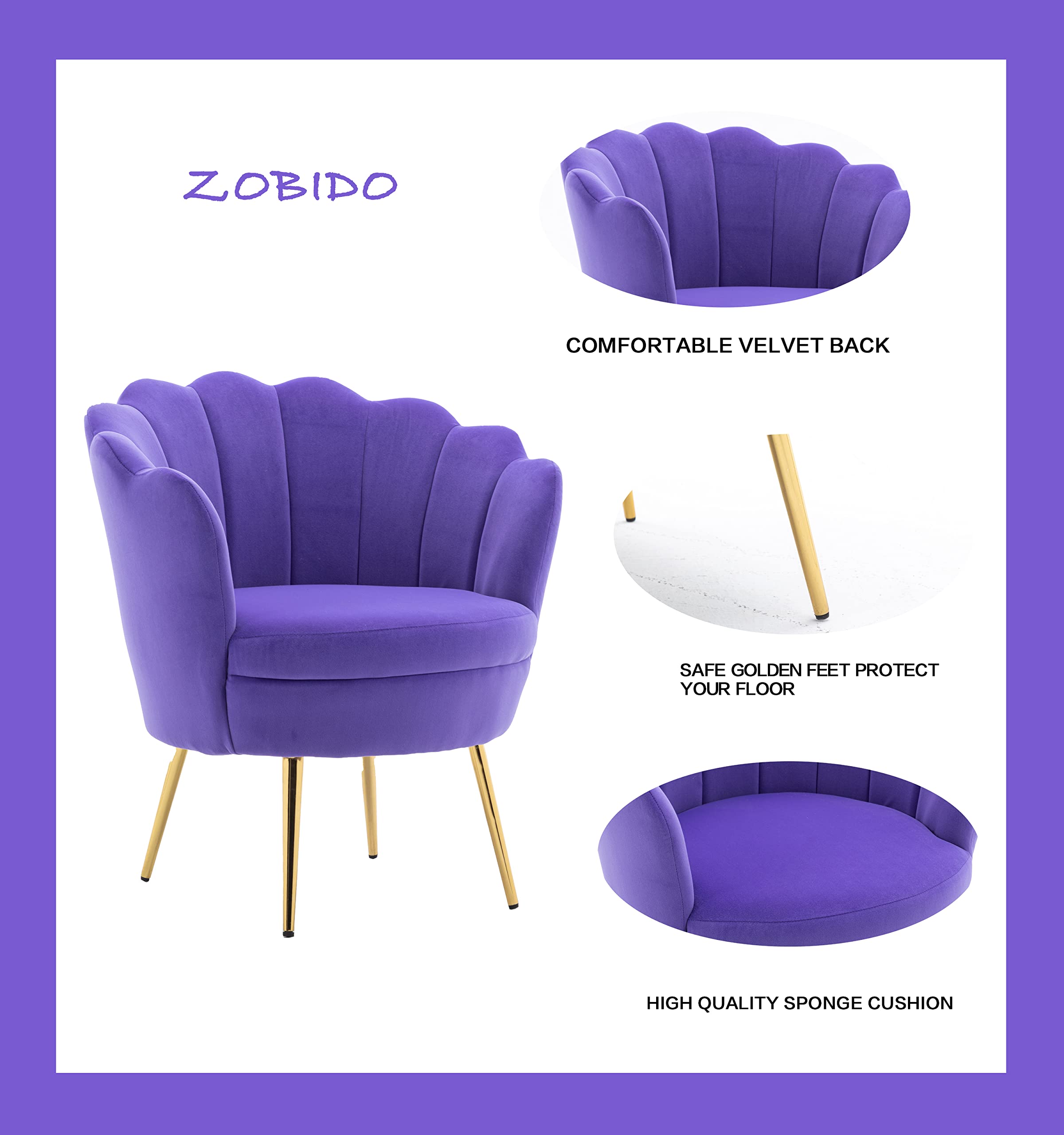 ZOBIDO Modern Velvet Accent Chair - Comfy Upholstered Armchair with Golden Metal Legs for Bedroom, Living Room, Vanity & Dining - Perfect Makeup Chair, Desk Chair & Lounge Seating (Purple)