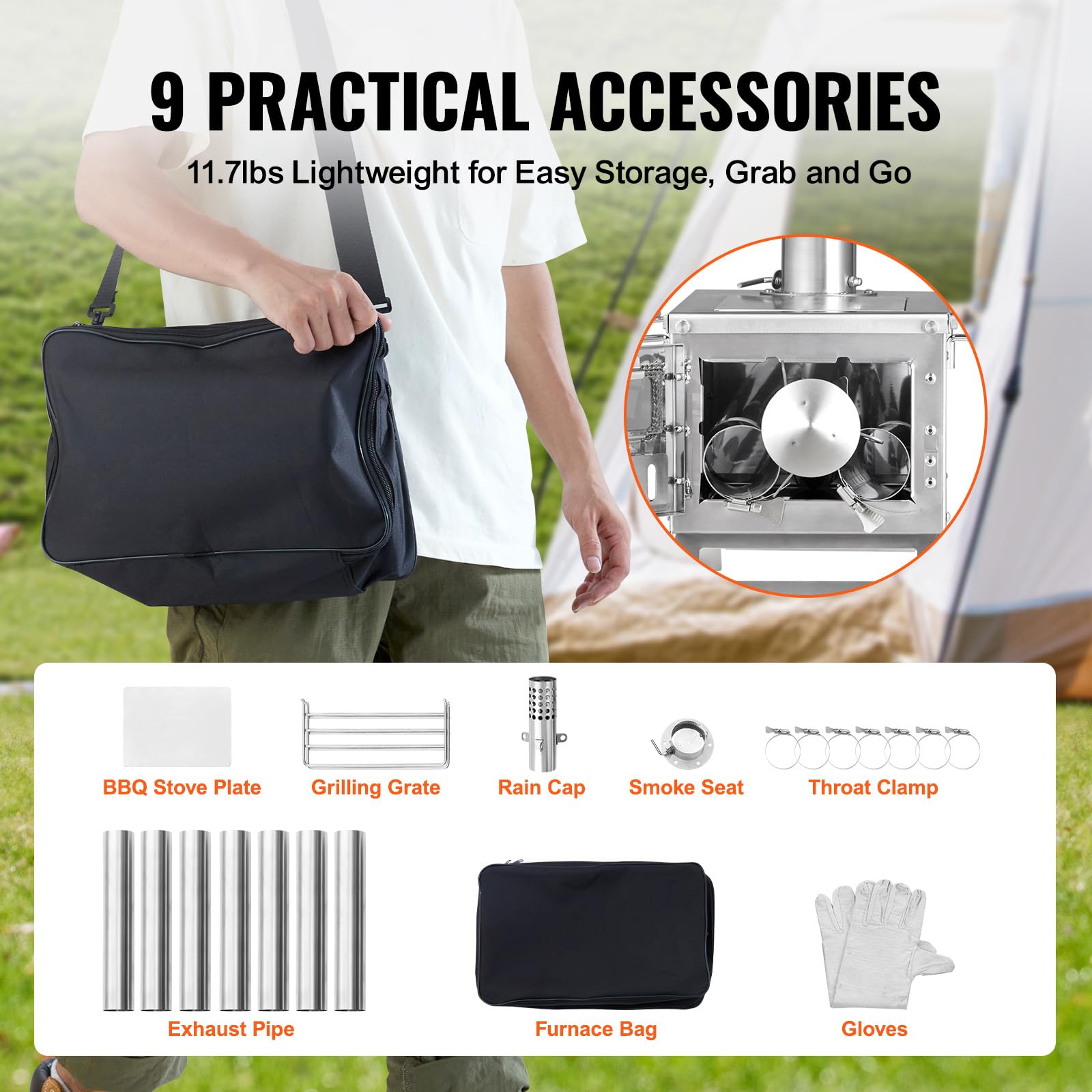 VEVOR Portable Stainless Steel Camping Wood Stove with Chimney Pipes & Gloves - 700in³ Firebox for Outdoor Cooking, Heating, Survival - Perfect for Hot Tents, Hunting Cabins, Backpacking & Emergency Preparedness