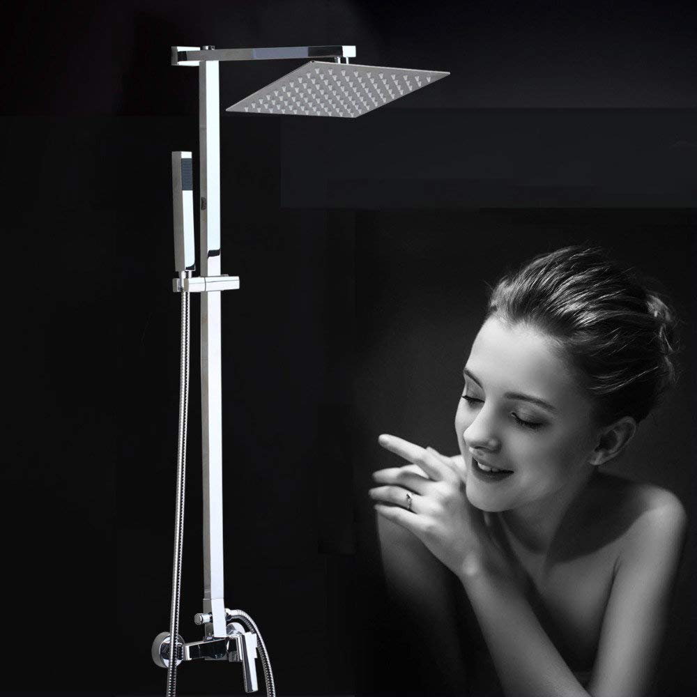 8 Inch Chrome Brass Bathroom Shower Set - Wall Mounted Square Stainless Steel Water Saving Faucet for Modern Bathrooms | Ultra-Thin Design for Space Saving | Perfect for Small Bathrooms & Luxury Showers