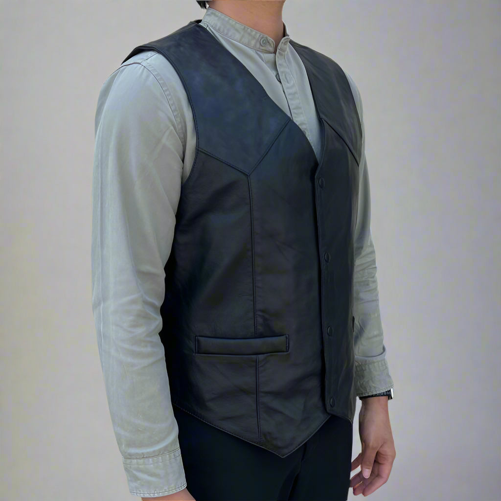 Men's Genuine Sheepskin Leather Vest with Snap Button Closure & Front Pockets - Perfect for Outdoor Adventures, Motorcycle Riding & Casual Wear