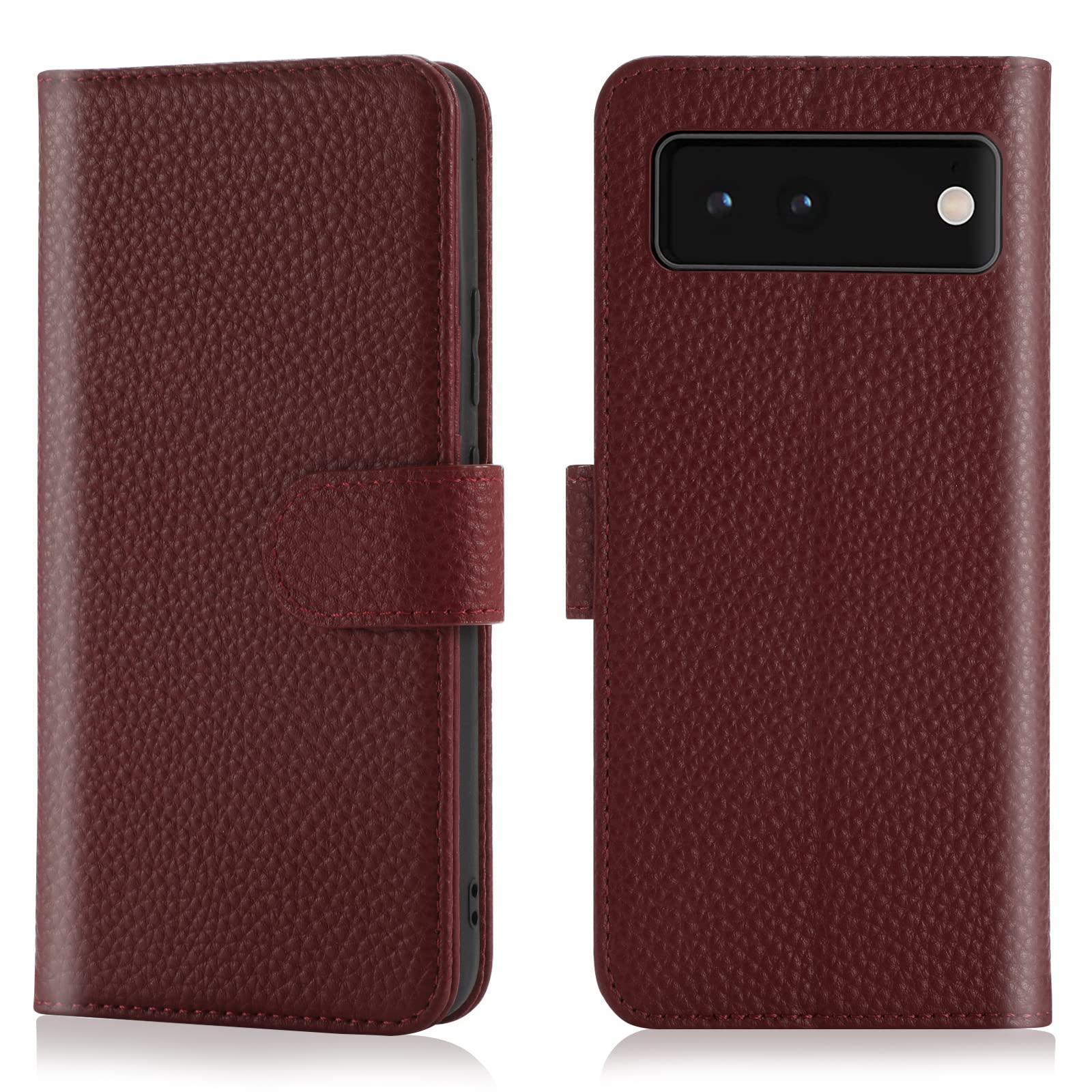 Google Pixel 6 Pro Wallet Case - Genuine Cowhide Leather RFID Blocking Flip Cover with Card Holder & Kickstand | Shockproof TPU Shell | Wine Red | Perfect for Business Travel & Daily Commute