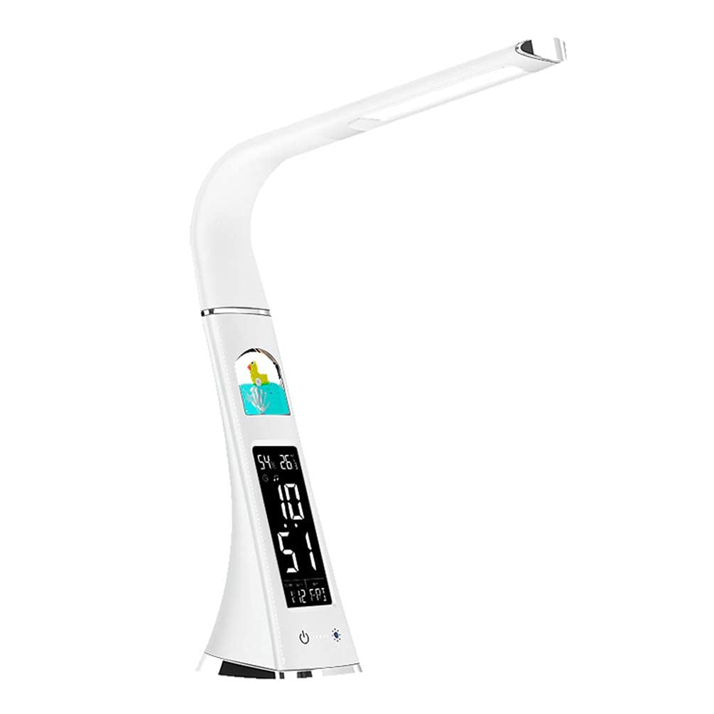 Dimmable LED Desk Lamp with Touch Screen - Foldable Table Light with Alarm Clock, Temperature Display & Calendar, 3 Lighting Modes & Stepless Dimming for Office, Study, Living Room - Perfect for Night Reading, Home Office & Bedside Use (Pink)