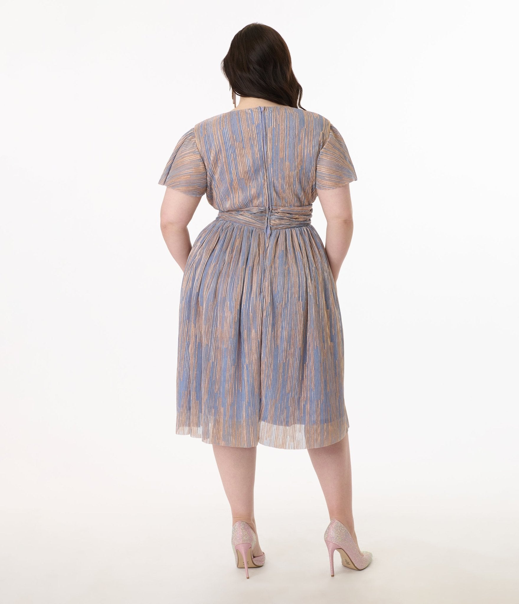 Magnolia Place Plus Size Periwinkle & Gold Flutter Sleeve Midori Swing Dress - Elegant Women's Casual Summer Dress for Parties, Weddings & Special Occasions