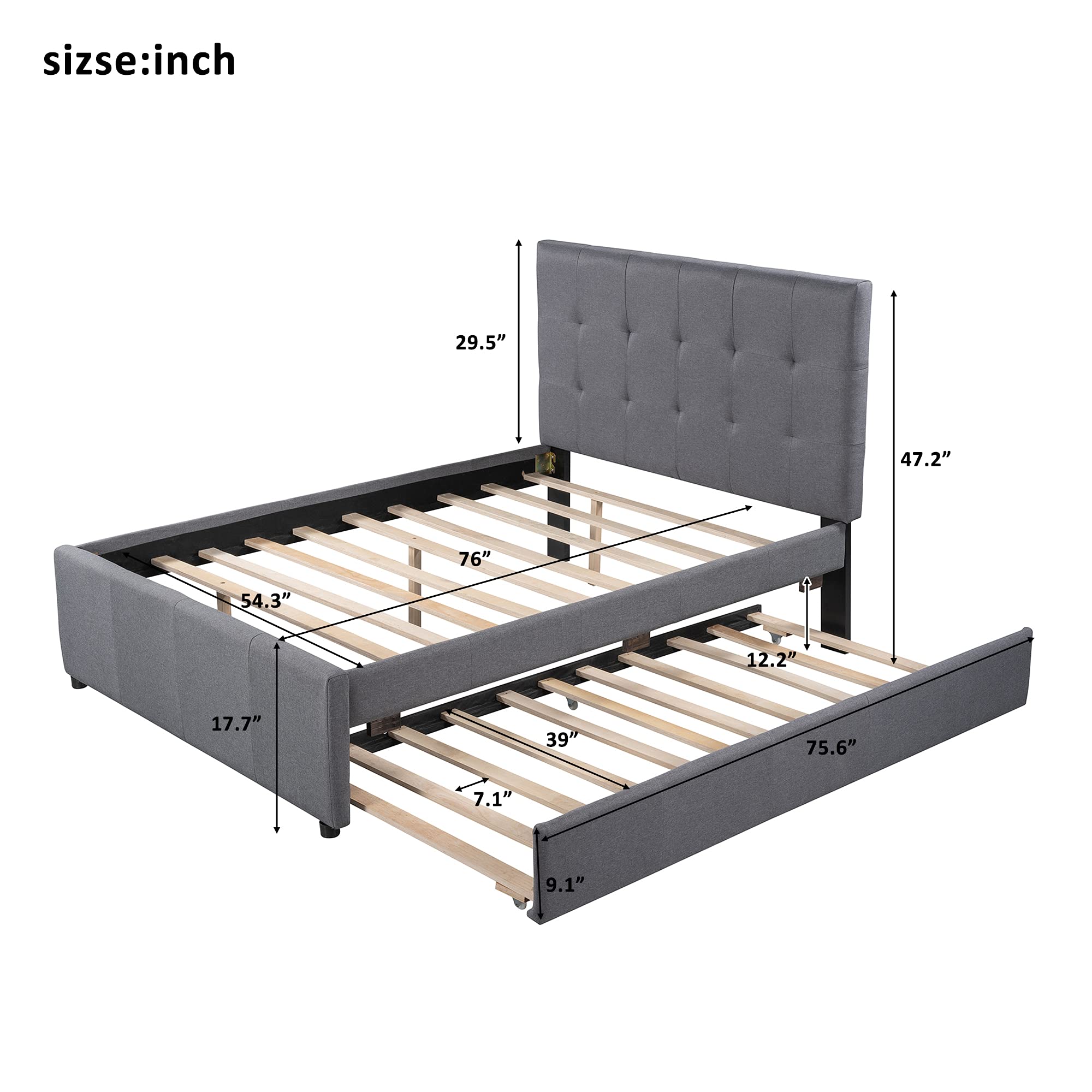 RUNNA Full Size Upholstered Platform Bed Frame with Trundle - No Box Spring Needed, Linen Fabric Headboard for Kids & Teens Bedroom - Perfect for Sleepovers, Small Spaces & Guest Rooms
