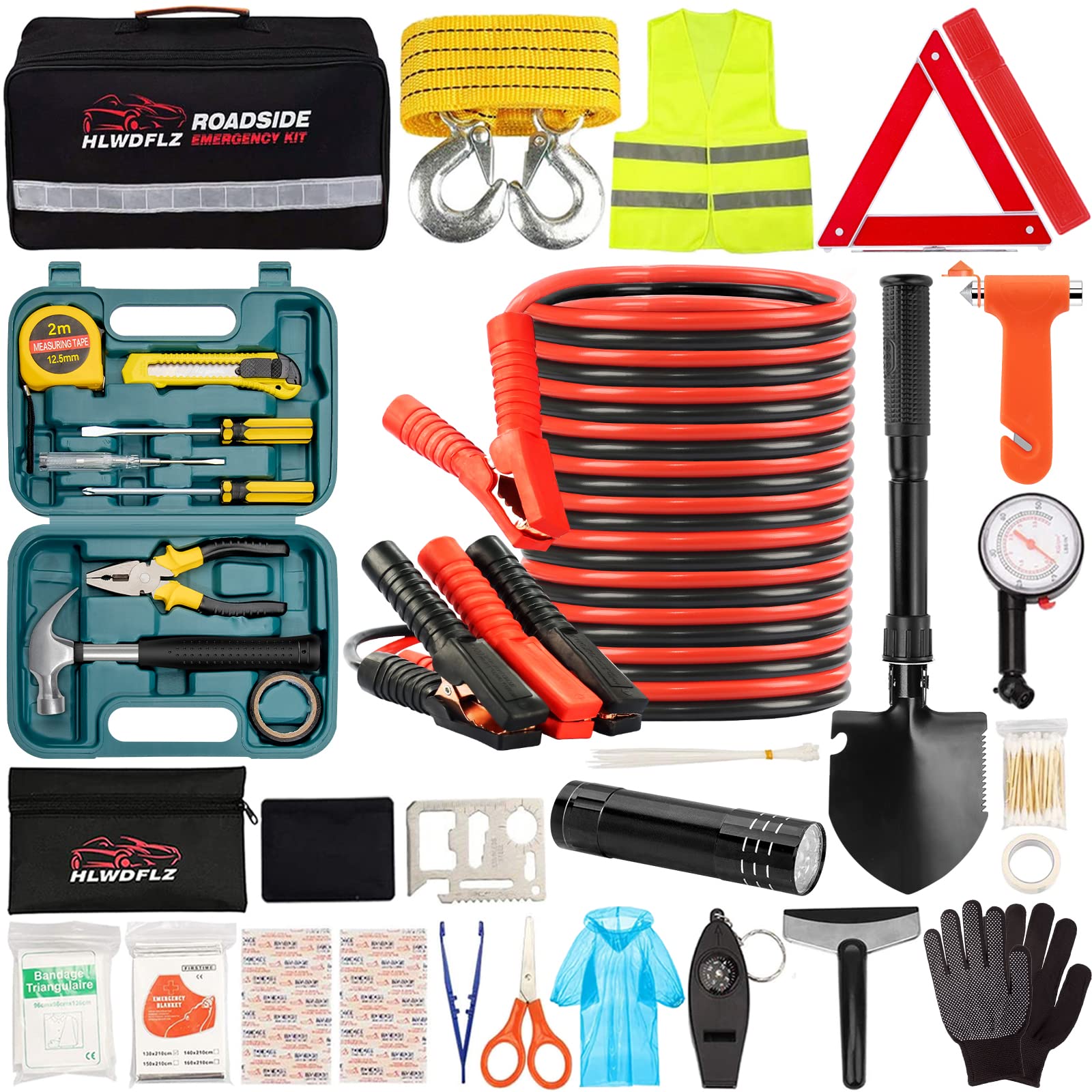 Premium Car Emergency Safety Kit - Auto Roadside Assistance Kit with Jumper Cables, First Aid & Tools for Cars, Trucks & RVs - Essential for Winter Travel & Road Trips