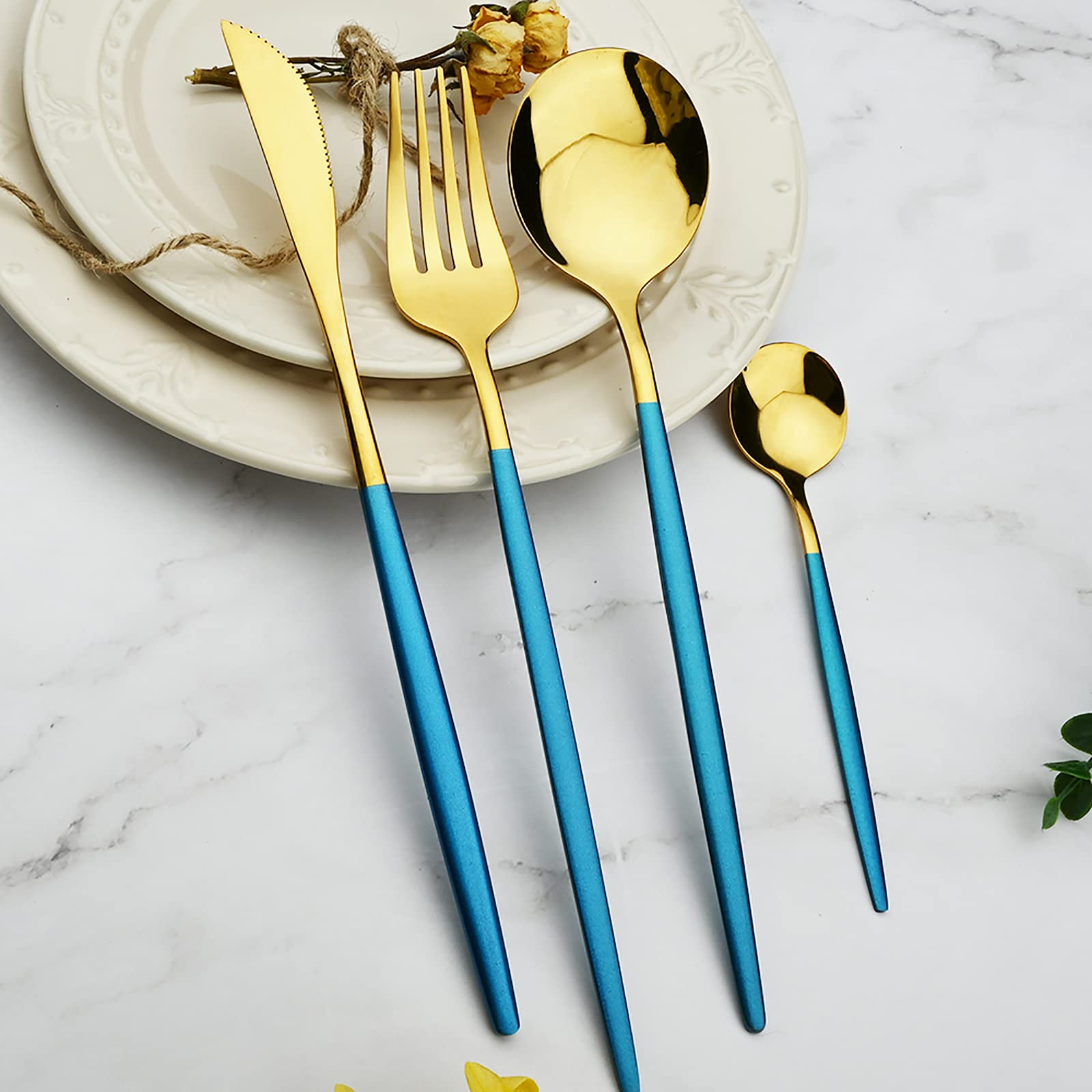 24-Piece Gold Mirror Silverware Set with Blue Handles - 18/0 Stainless Steel Flatware Cutlery (Knives, Forks, Spoons & Teaspoons) - Service for 4 - Elegant Dinnerware for Holiday Entertaining & Formal Dining