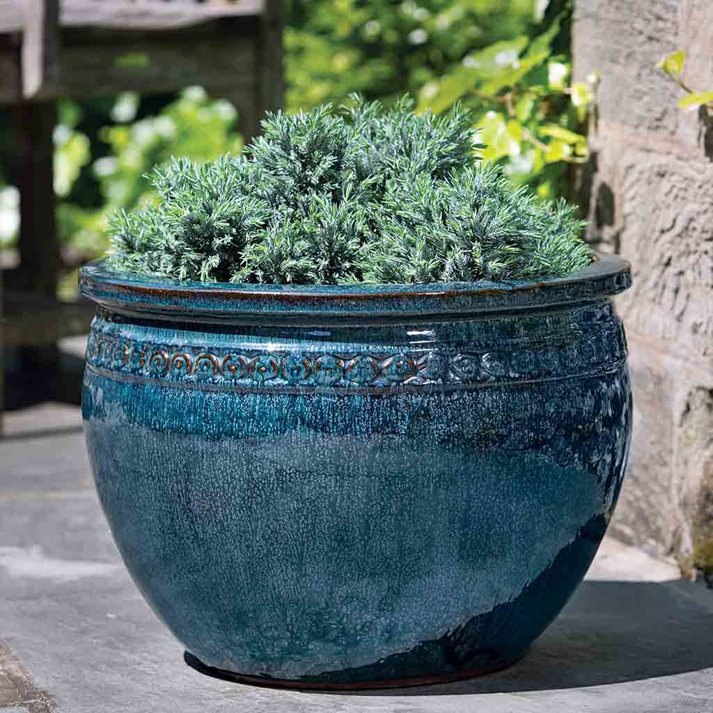 Campania International Low Borsa Planter Set - Indigo Rain Glazed Ceramic Flower Pots for Indoor & Outdoor Plants - Perfect for Home Decor, Patio, Garden, and Office Spaces
