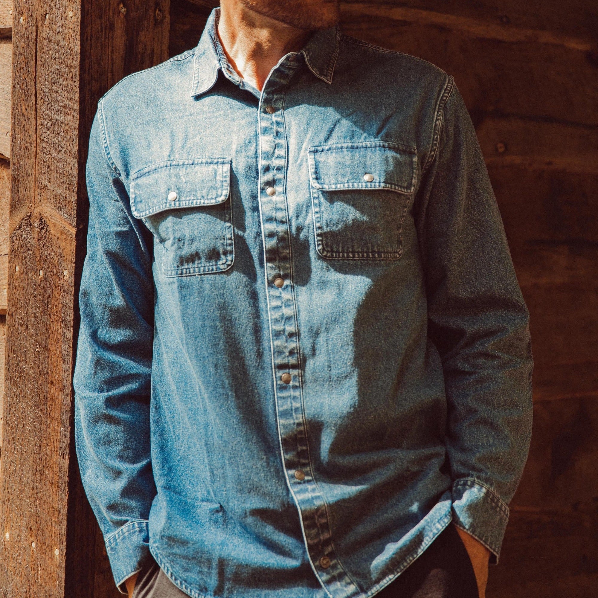 Austin Denim Shirt for Men - Classic Blue Denim Button Down Shirt with Long Sleeves | Perfect for Casual Wear, Outdoor Adventures & Layering