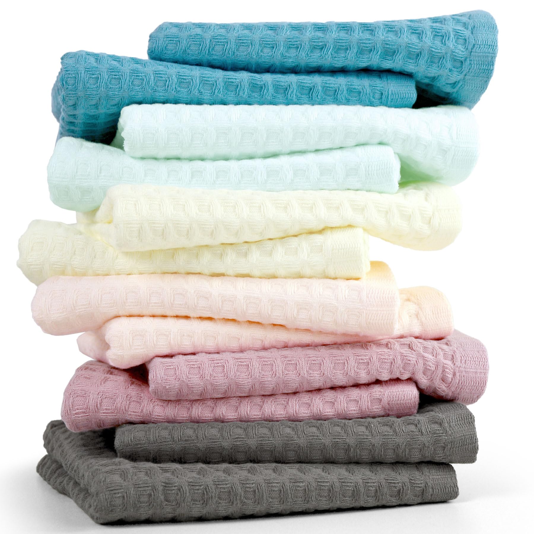 Cleanbear 12-Pack Cotton Waffle Weave Washcloths for Face & Body - 13x13 Inch Soft Bath Towels (6 Colors) - Perfect for Spa, Baby Care & Gentle Exfoliation