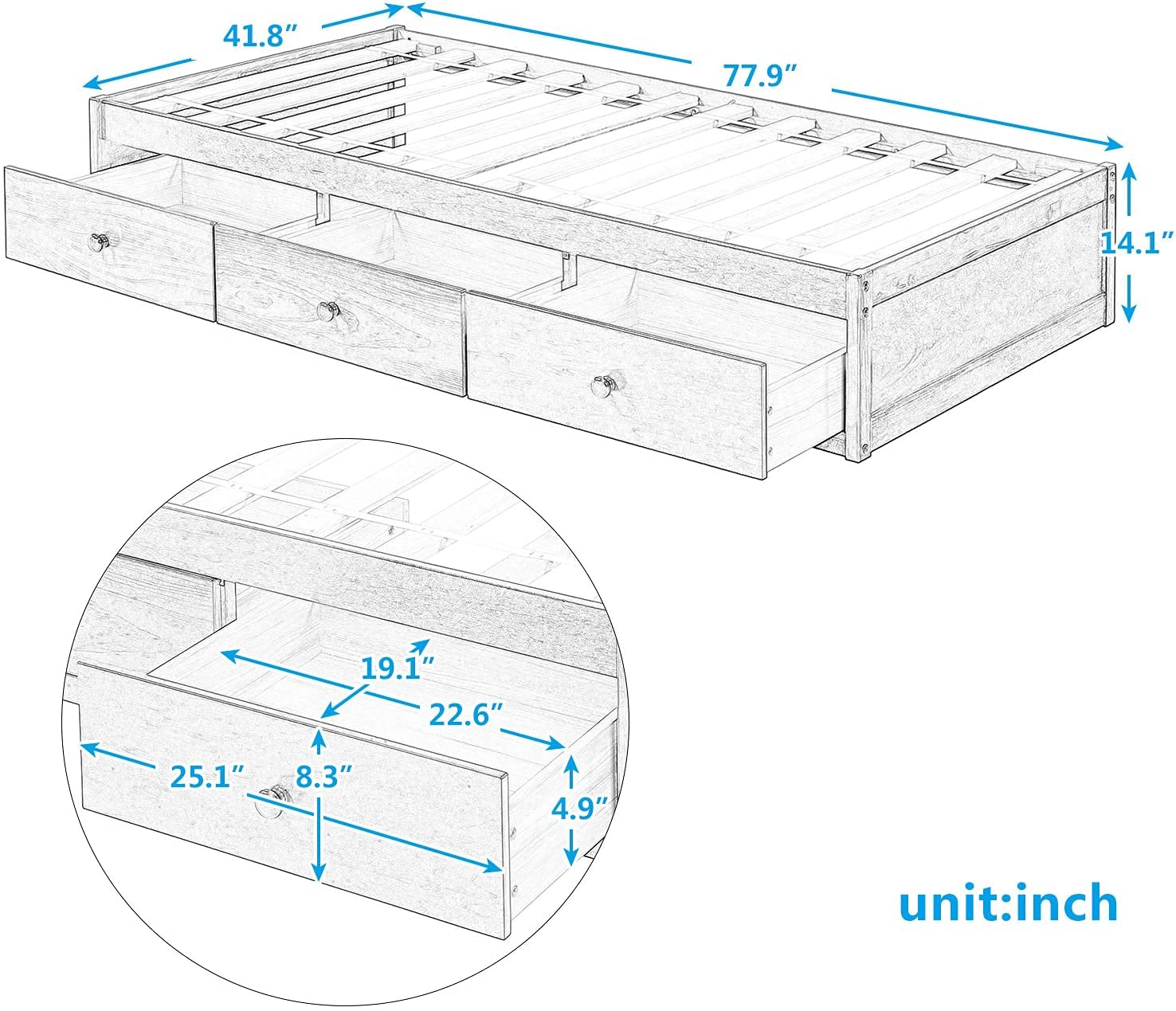 Harper & Bright Designs Twin Bed with Storage - Wood Platform Bed Frame with 3 Drawers, Kids Bed with Wood Slat Support (No Box Spring Needed) - Cherry Finish - Perfect for Small Bedrooms, Guest Rooms & Kids' Rooms