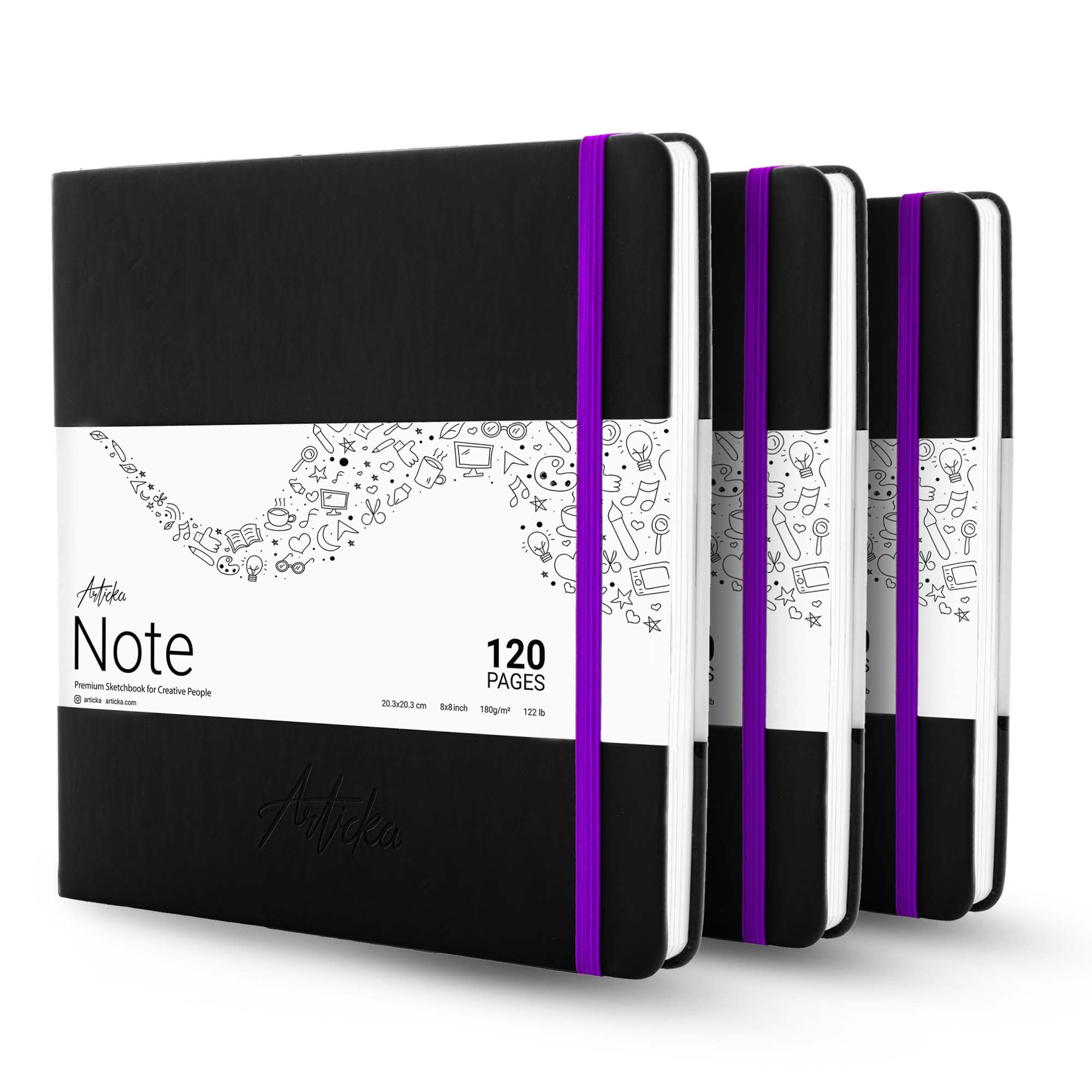 Articka 8x8 Inch Square Hardcover Sketchbook - 3-Pack with 360 Pages (180GSM Thick Paper) - Premium Drawing & Journaling Sketch Book with Elastic Closure - Perfect for Artists, Students & Creative Professionals - Ideal for Sketching, Watercolor, Doodling & Travel Journaling