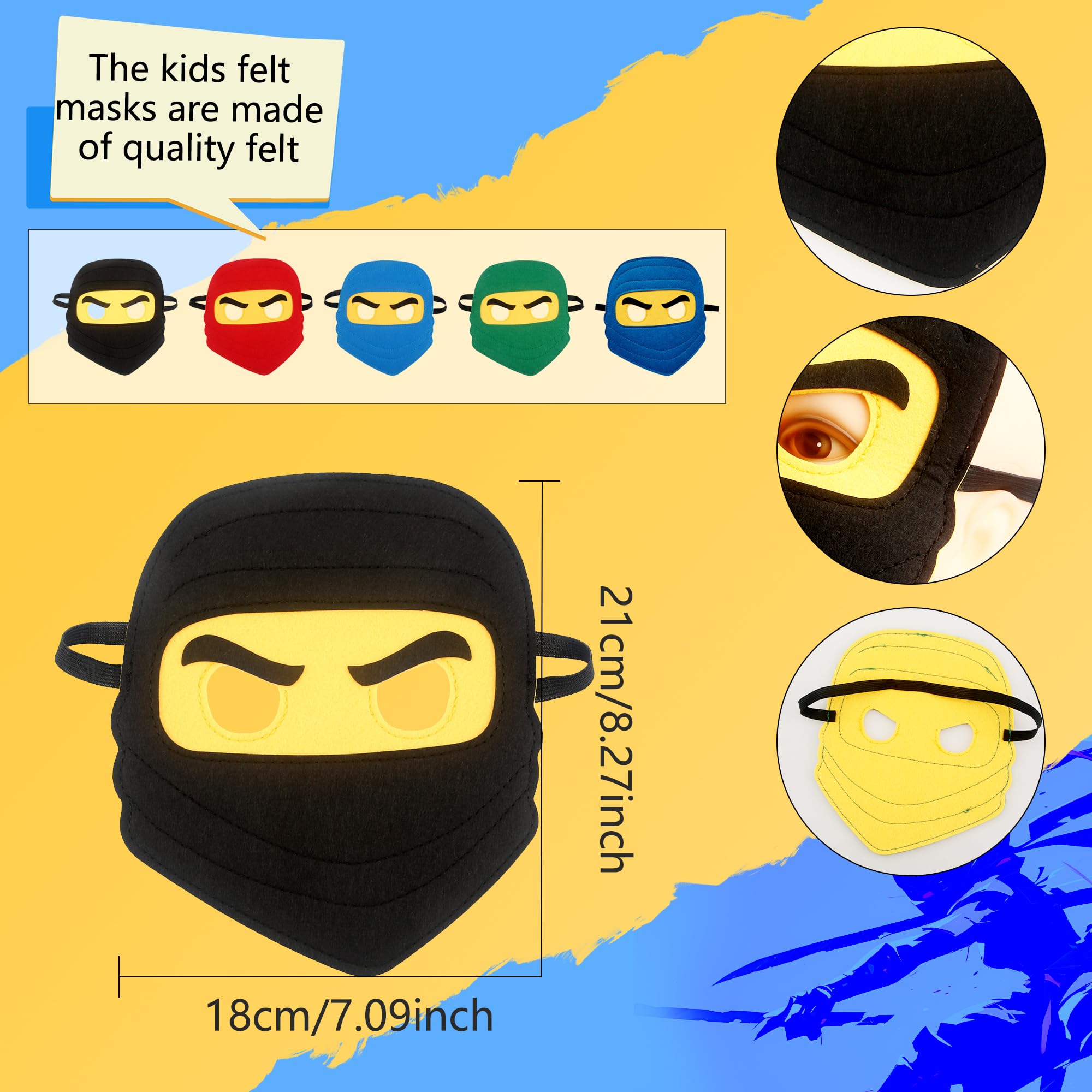 20 Pieces Kids Ninja Masks - Soft Felt Elastic Cartoon Masks for Boys & Girls - Halloween Costume Party Supplies - Ninja Theme Birthday Favors - Perfect for Cosplay, Role Play & Themed Parties