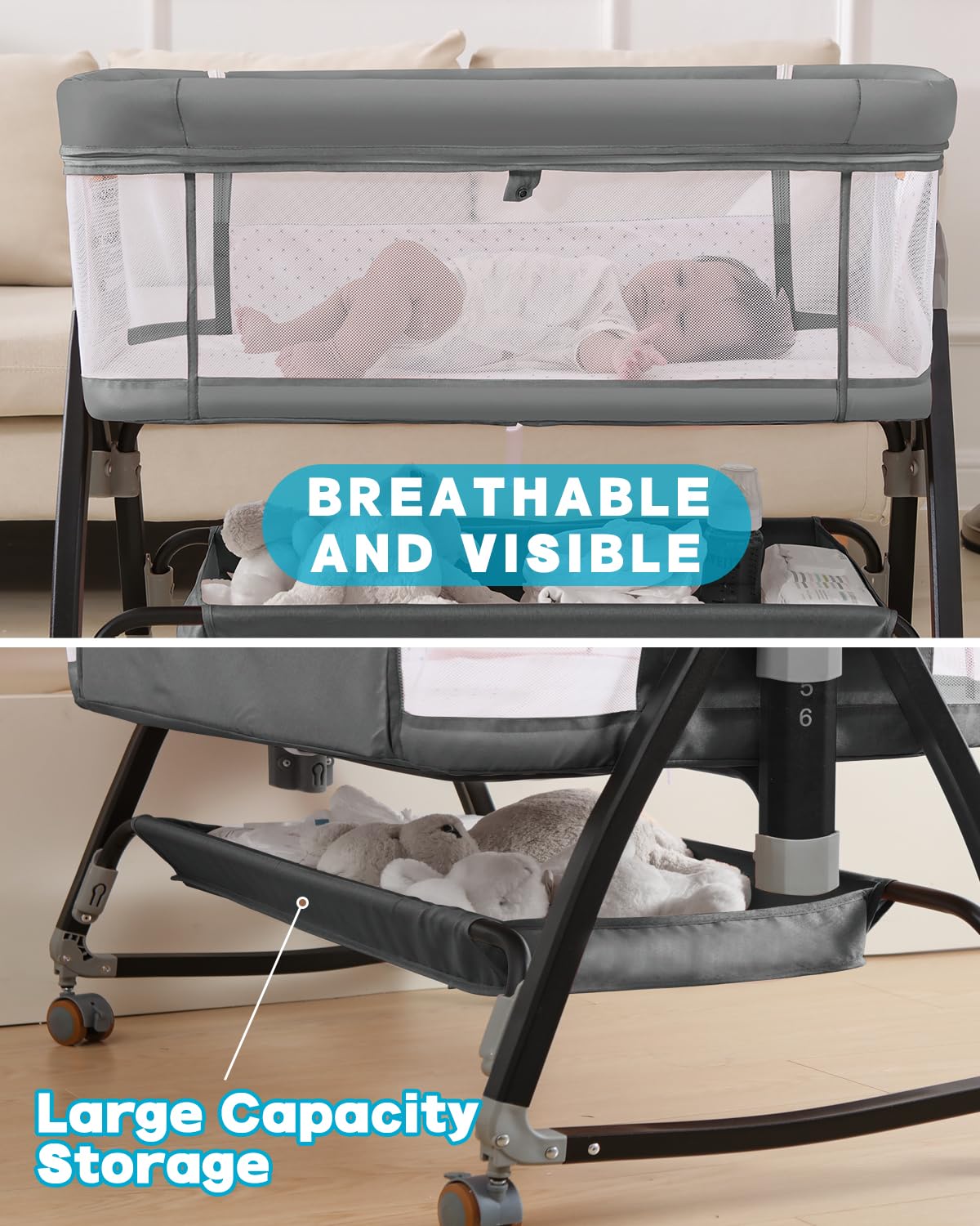 Portable Baby Bassinet with Wheels & Breathable Mesh - Adjustable Height, Foldable Design, Mosquito Net & Storage Basket - Perfect for Nursery, Bedside Co-Sleeping & Travel (Grey)