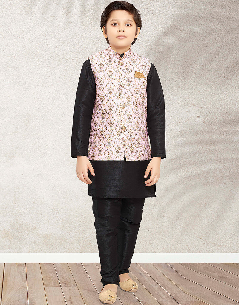 Black Kurta Pajama Set Printed on Banarasi Silk | Traditional Indian Ethnic Wear for Men | Perfect for Weddings, Festivals & Special Occasions