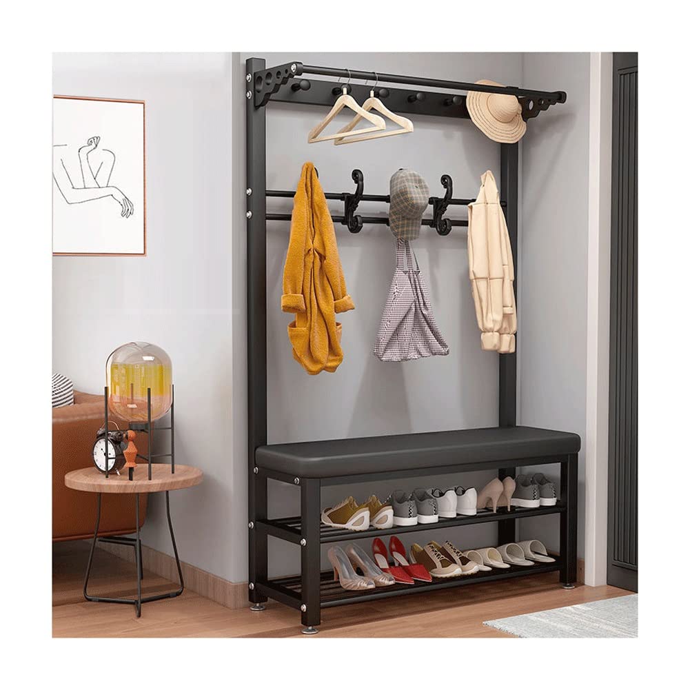 Industrial Hall Tree with Hooks - 3-in-1 Entryway Coat Rack, Shoe Bench & Storage Organizer with Shelf, Metal Frame for Hallway, Bedroom, Bathroom (PU-Black, 100x33x172cm) - Perfect for Small Spaces & Home Organization