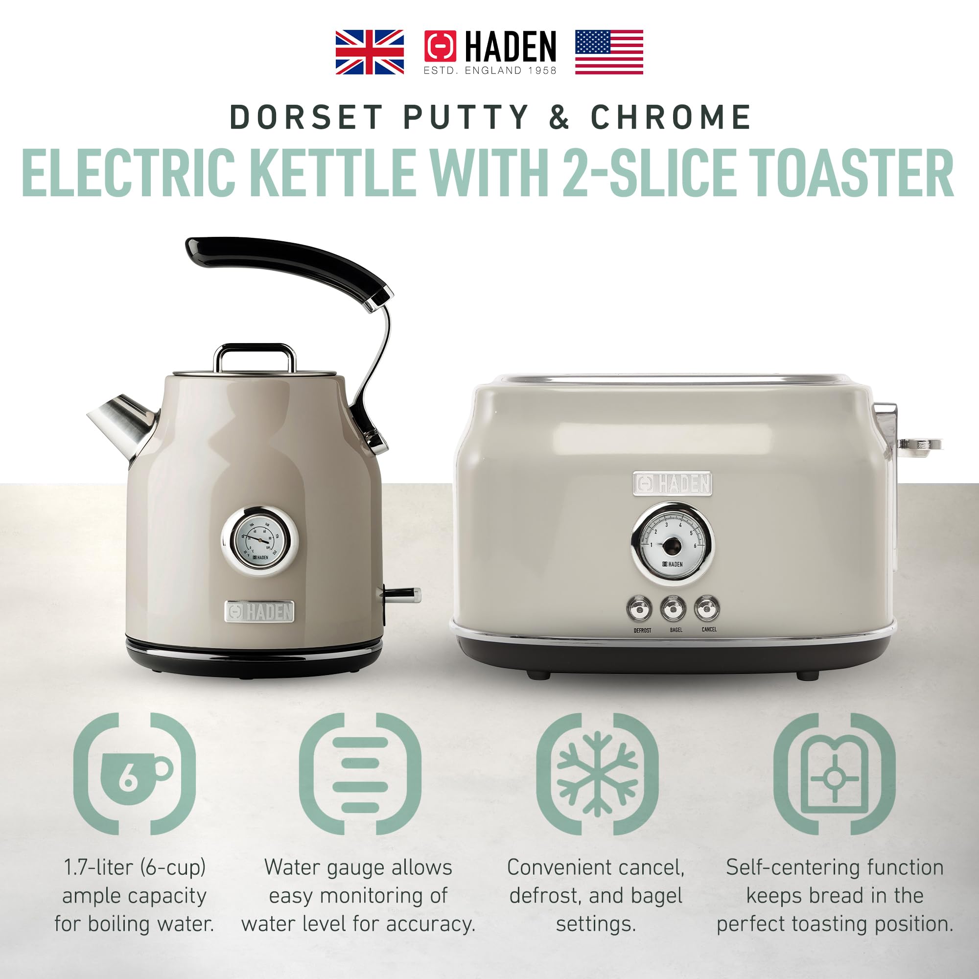 Haden Dorset 2 Slice Wide Slot Stainless Steel Toaster with 1.7L Electric Kettle Set - 360° Swivel Base, Putty & Chrome Finish | Perfect for Breakfast, Office, Dorm Room & Small Kitchens