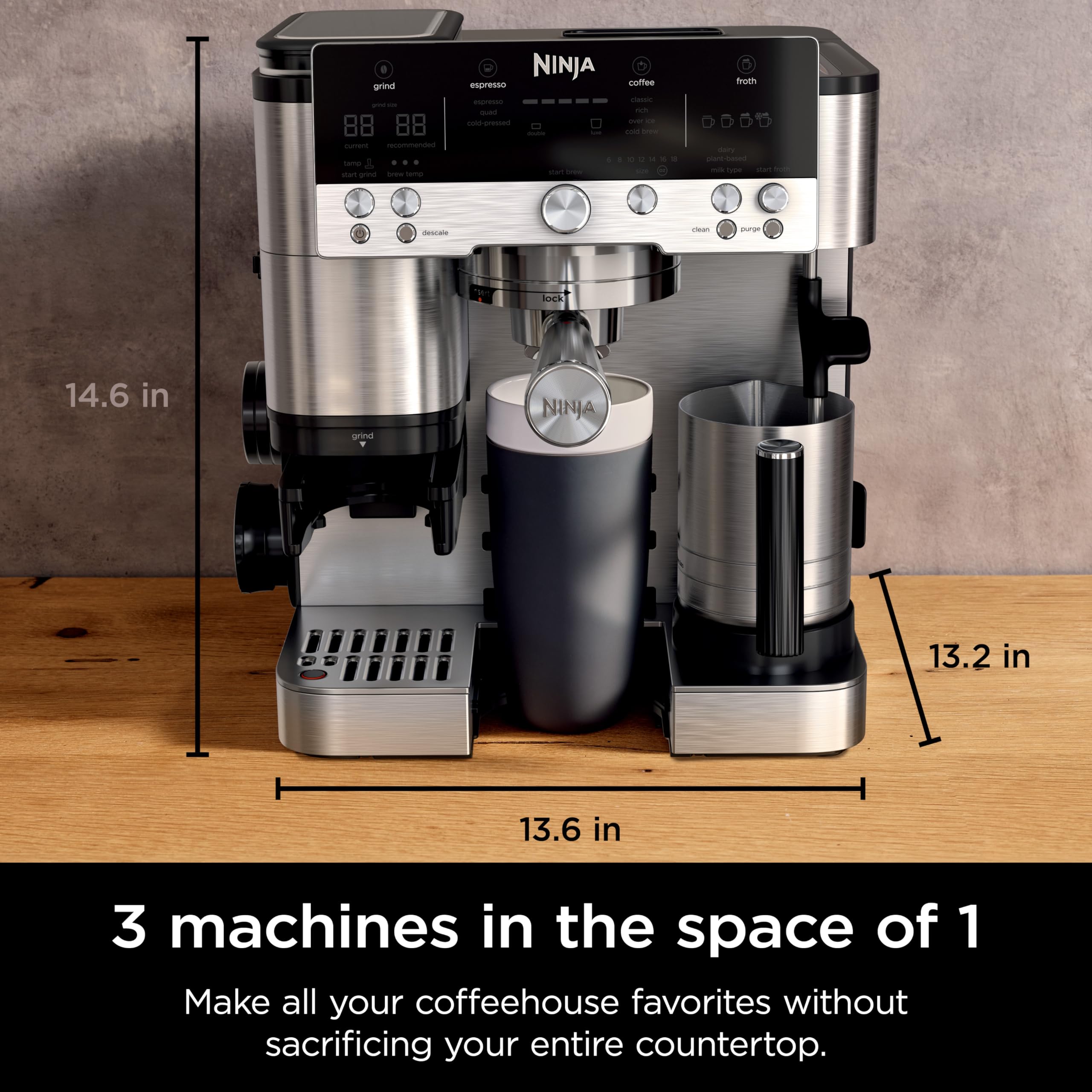 Ninja Luxe Café Premier Series Espresso Machine - 3-in-1 Drip & Cold Brew Coffee Maker with Built-in Grinder, Hands-free Frother for Dairy & Non-Dairy - Perfect for Home Baristas & Office Coffee Stations