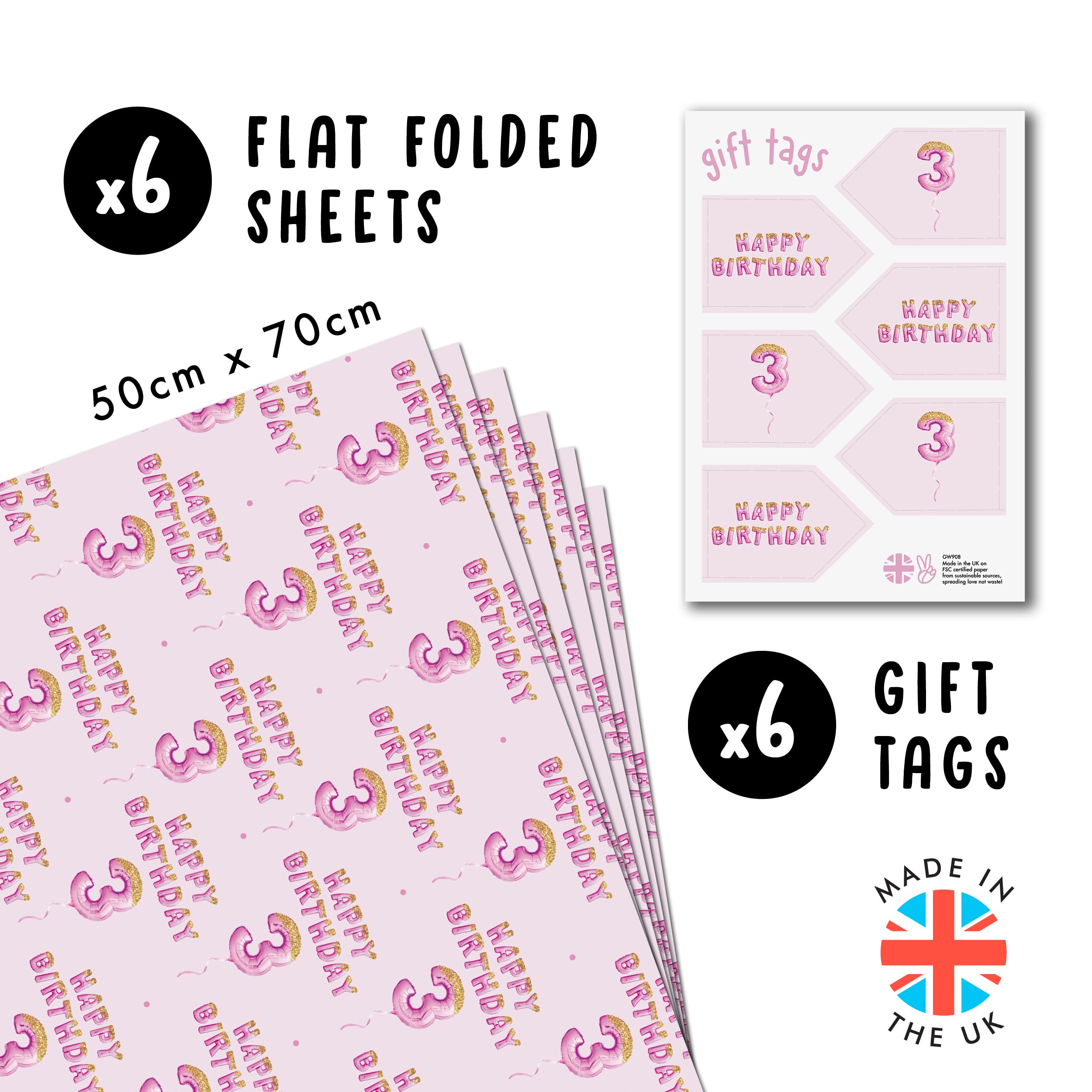 Happy 3rd Birthday Wrapping Paper for Girls - 6 Sheets Pink Recyclable Gift Wrap with Stickers | Perfect for Birthday Party Decorations, Present Wrapping & Special Occasions