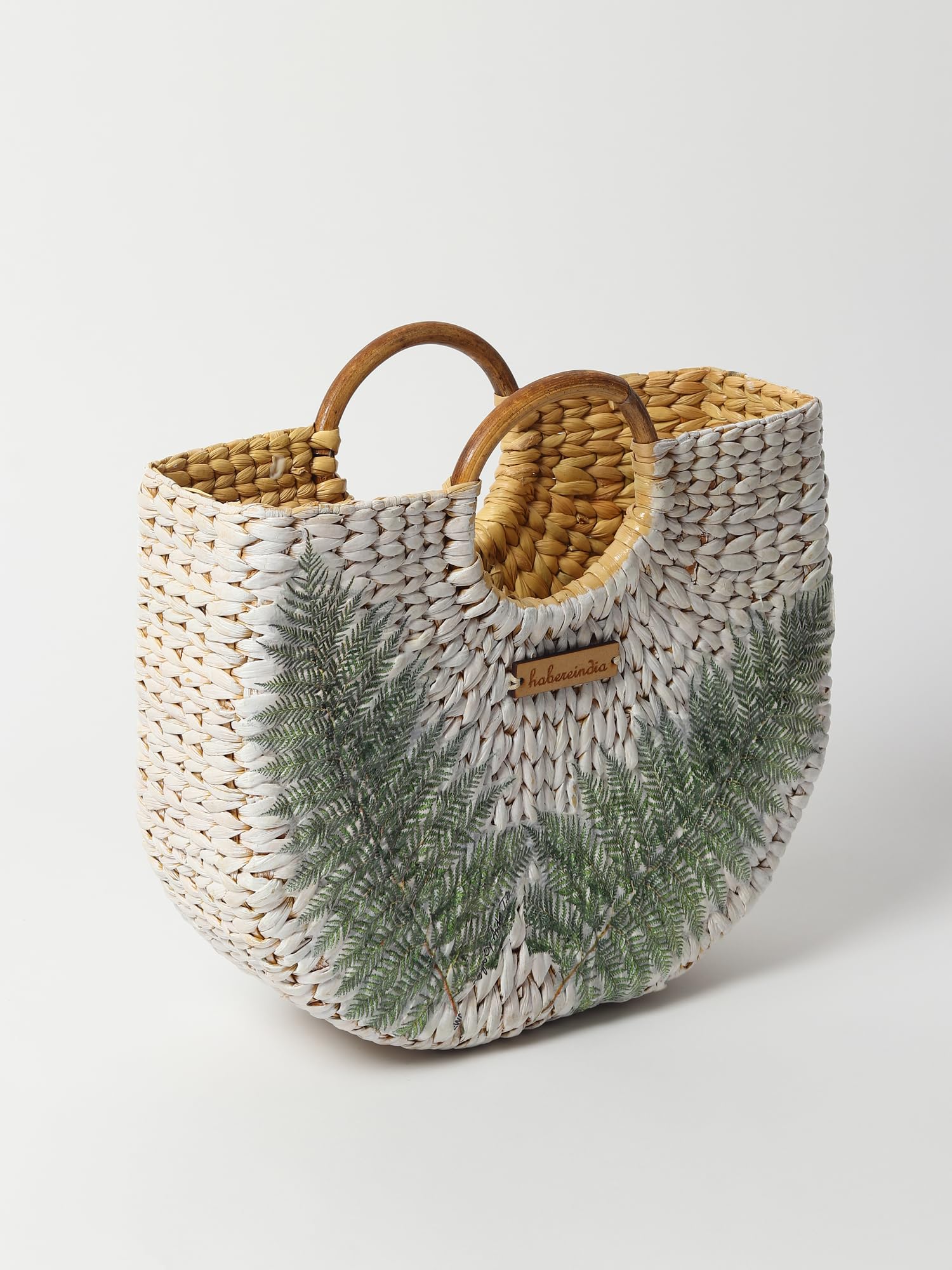 Habere India Handmade Straw Tote Bag - Small Boho Beach Bag for Women | Bamboo & Kauna Woven Basket Purse | White Half Moon Crossbody Bag | Perfect for Summer, Travel, Picnic & Boho Fashion