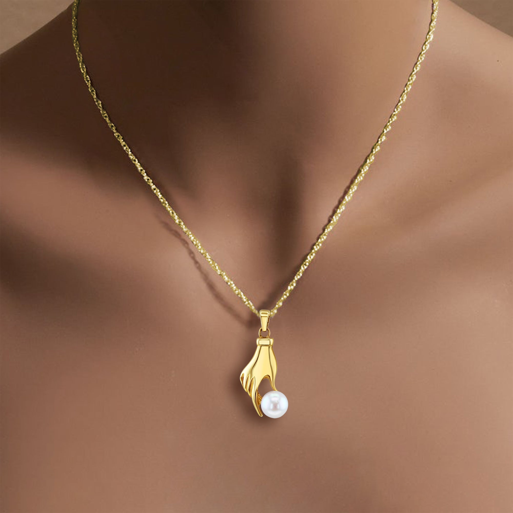 14K Yellow Gold Pearl Mudra Hand Necklace - Spiritual Jewelry for Meditation, Yoga & Mindful Living - Boho Chic Hand of Buddha Pendant for Women