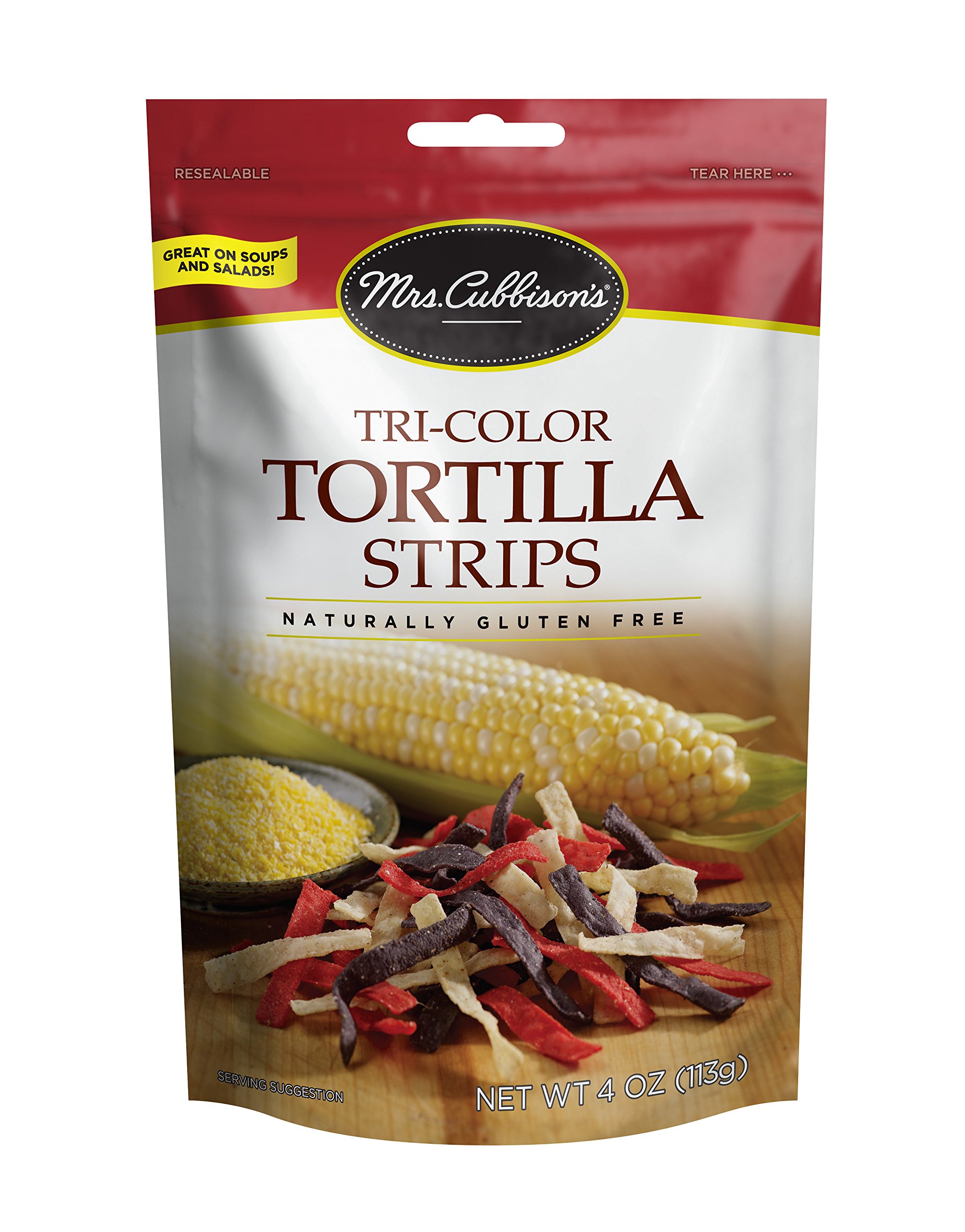 Mrs. Cubbison's Tri-Color Tortilla Strips | 4 Ounce, Pack of 9 | Low Carb, Gluten-Free Crunchy Snacks | Perfect for Salads, Soups, Nachos & Party Snacking