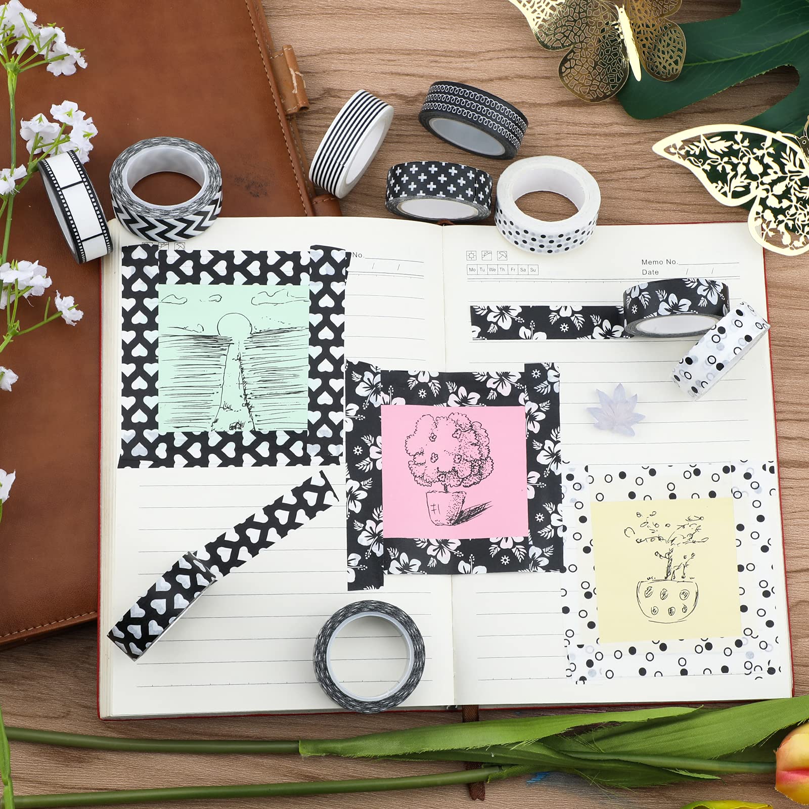 SAVITA 10 Rolls 15mm Black and White Washi Tape Set - Decorative Masking Tape for DIY Crafts, Scrapbooking, Bullet Journaling & Kids Art Projects - Perfect for Home, Office & School Decorations