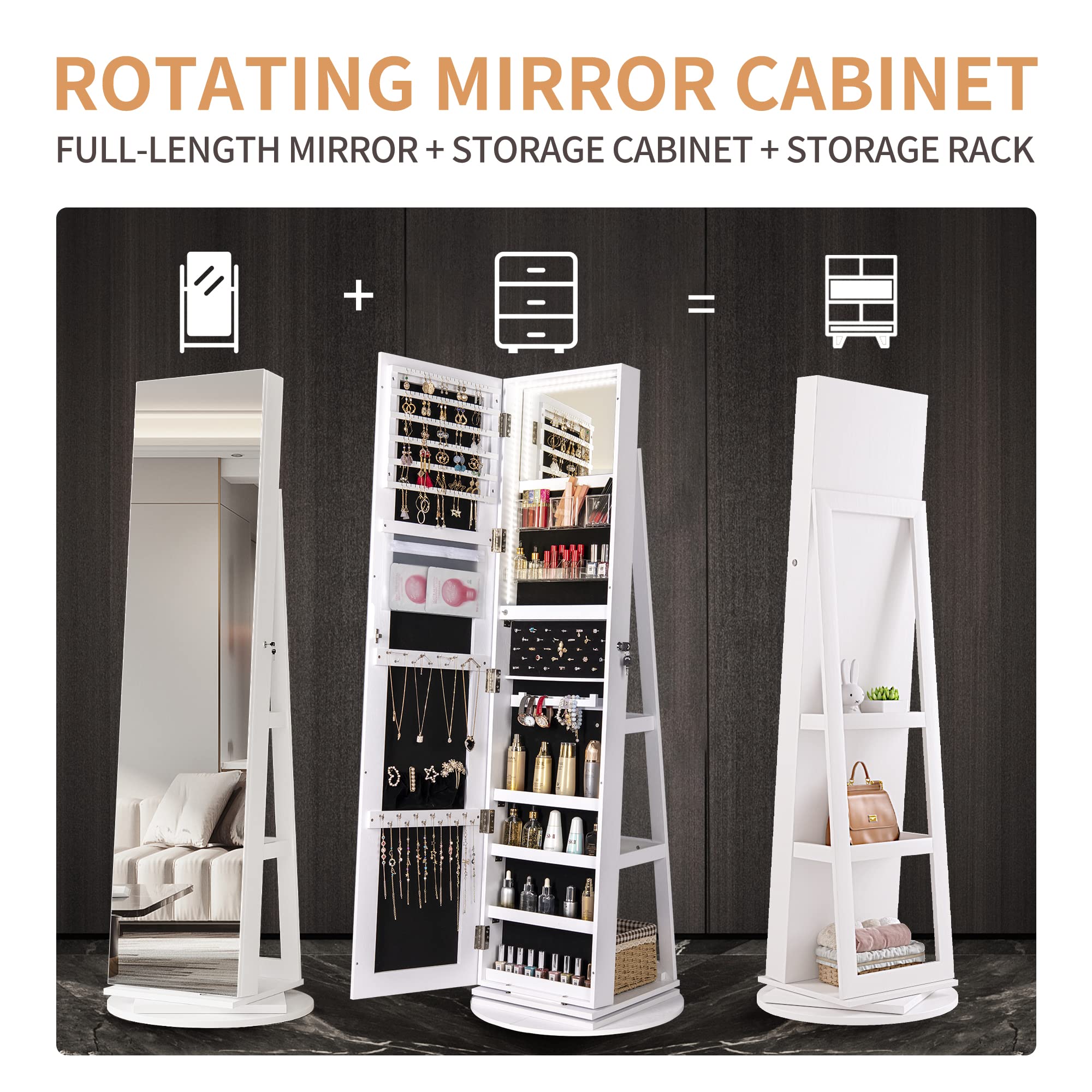 Full Length Mirror Jewelry Armoire with LED Lights - Lockable Standing Jewelry Cabinet with 360° Swivel Mirror, Jewelry Storage Organizer for Women & Girls (Perfect for Bedroom, Dressing Room & Gift Giving)
