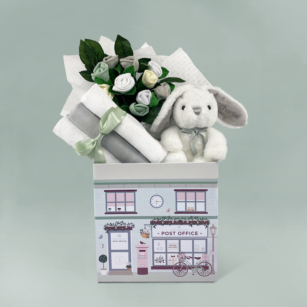 Personalized Little Gray Bunny Baby Gift Basket - Newborn Welcome Set for Baby Showers, Birthdays & Nursery Decor