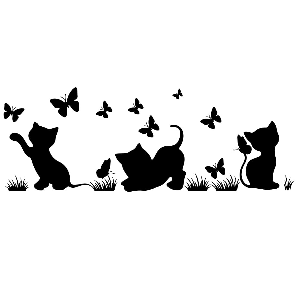 Fun Silhouette Cat Catching Butterfly Wall Decal - Kids Room, Nursery, Bedroom & Living Room Vinyl Sticker for Home Decor - Perfect for Playrooms, Dorm Rooms & DIY Interior Design