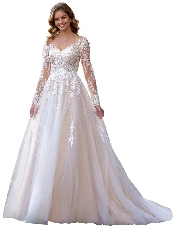Elegant Lace A-Line Wedding Dresses for Bride - Romantic Long Sleeve Bridal Gown for Church, Beach & Outdoor Ceremonies
