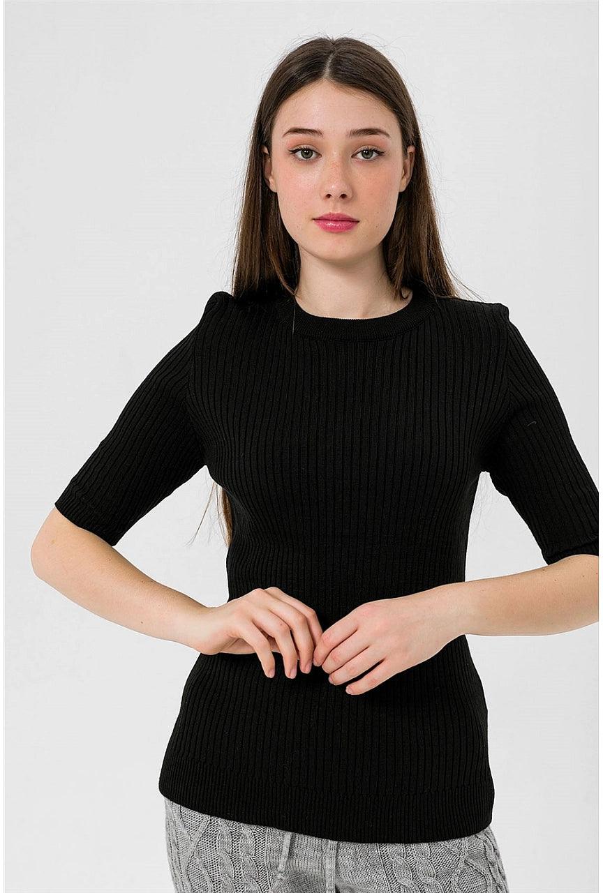 Women's Black Crew Neck Short Sleeve Knit Top - Casual Comfort Wear for Everyday Outfits & Summer Fashion