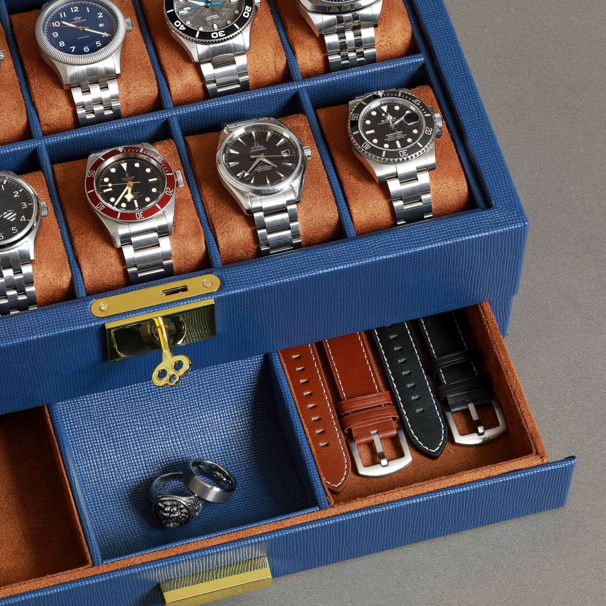 Premium ROTHWELL 10-Slot Leather Watch Box with Valet Drawer - Luxury Watch Case Organizer with Soft Microsuede Liner, Jewelry & Sunglass Storage - Large Glass Top Display (Blue/Tan) - Perfect for Watch Collectors, Travel & Gift Giving