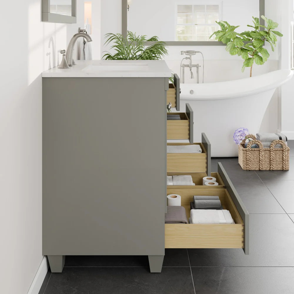 Eviva Acclaim 30 Inch Bathroom Vanity with Carrara Quartz Countertop - Modern White Bathroom Sink Cabinet for Small Spaces, Perfect for Powder Rooms and Guest Bathrooms