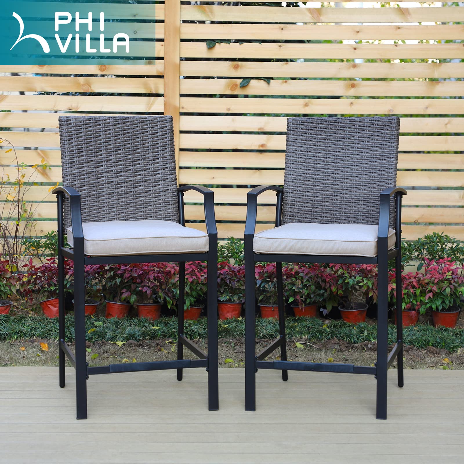 PHI VILLA 6-Piece Outdoor Bar Stool Set - All-Weather Wicker Bar Height Patio Chairs with Brown Rattan Backrest, Metal Frame & Beige Cushions - Perfect for Garden, Lawn, Poolside & Outdoor Dining Areas